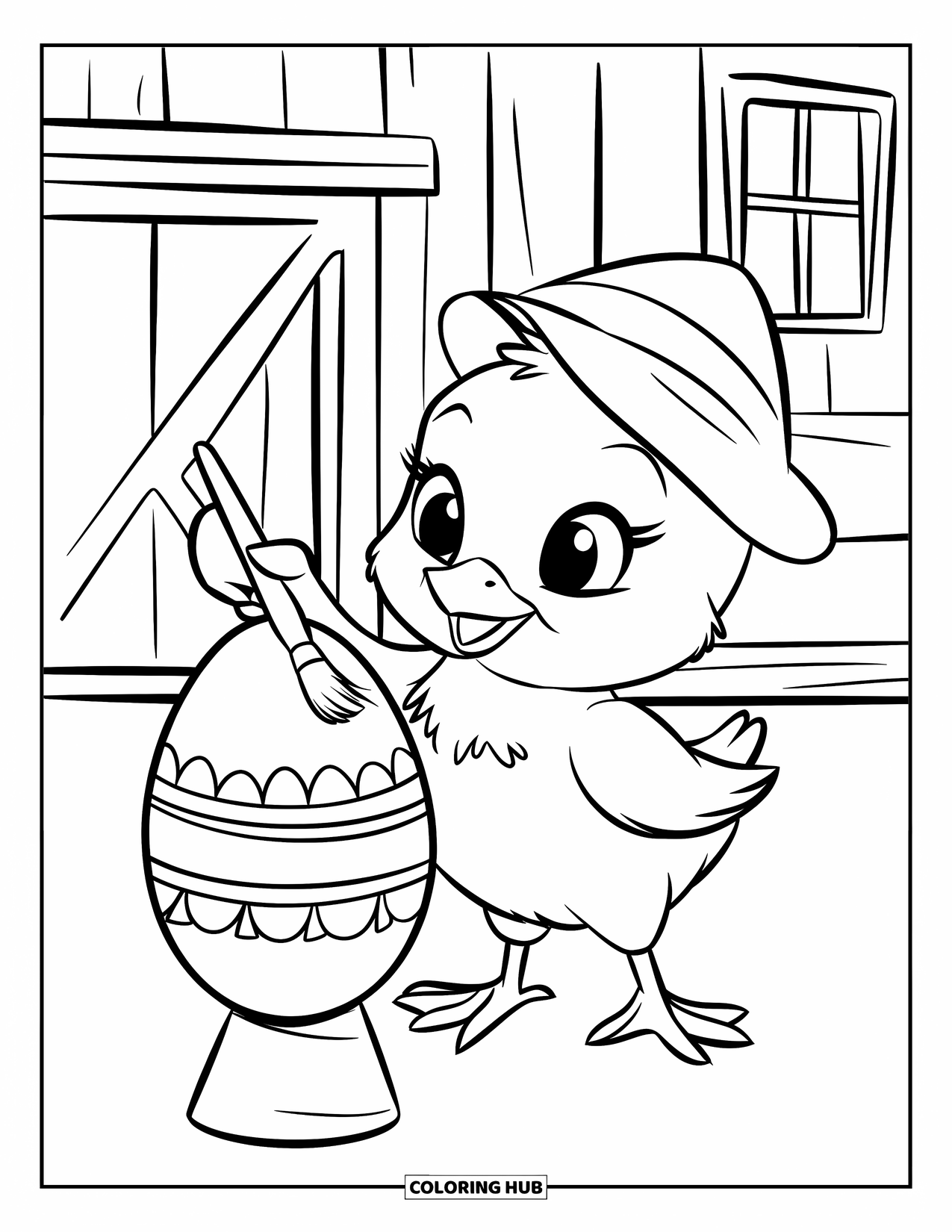 Desenho de Pintinho para Colorir para Crianças: Um pintinho decora um ovo com um pincel em frente a um celeiro