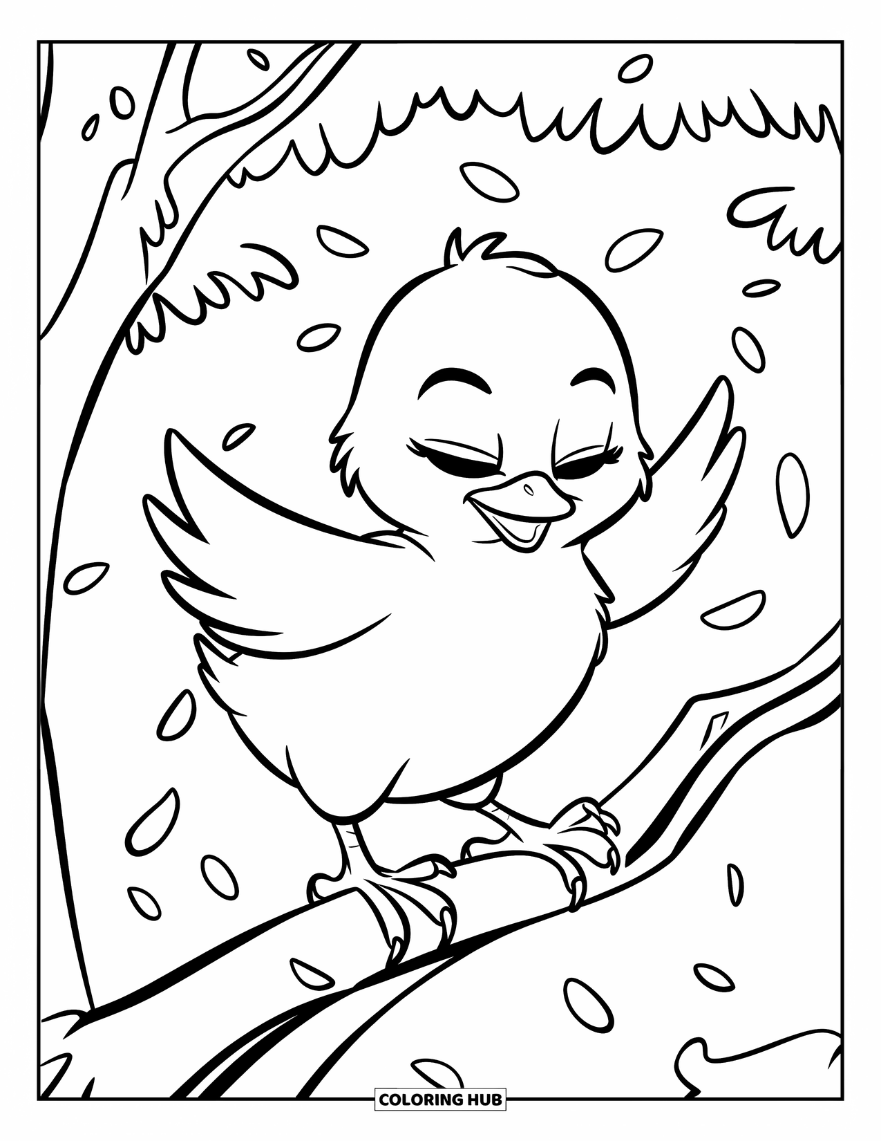 Desenho de Pintinho para Colorir para Crianças: Um pintinho segura-se firme a um galho enquanto pétalas caem da árvore acima