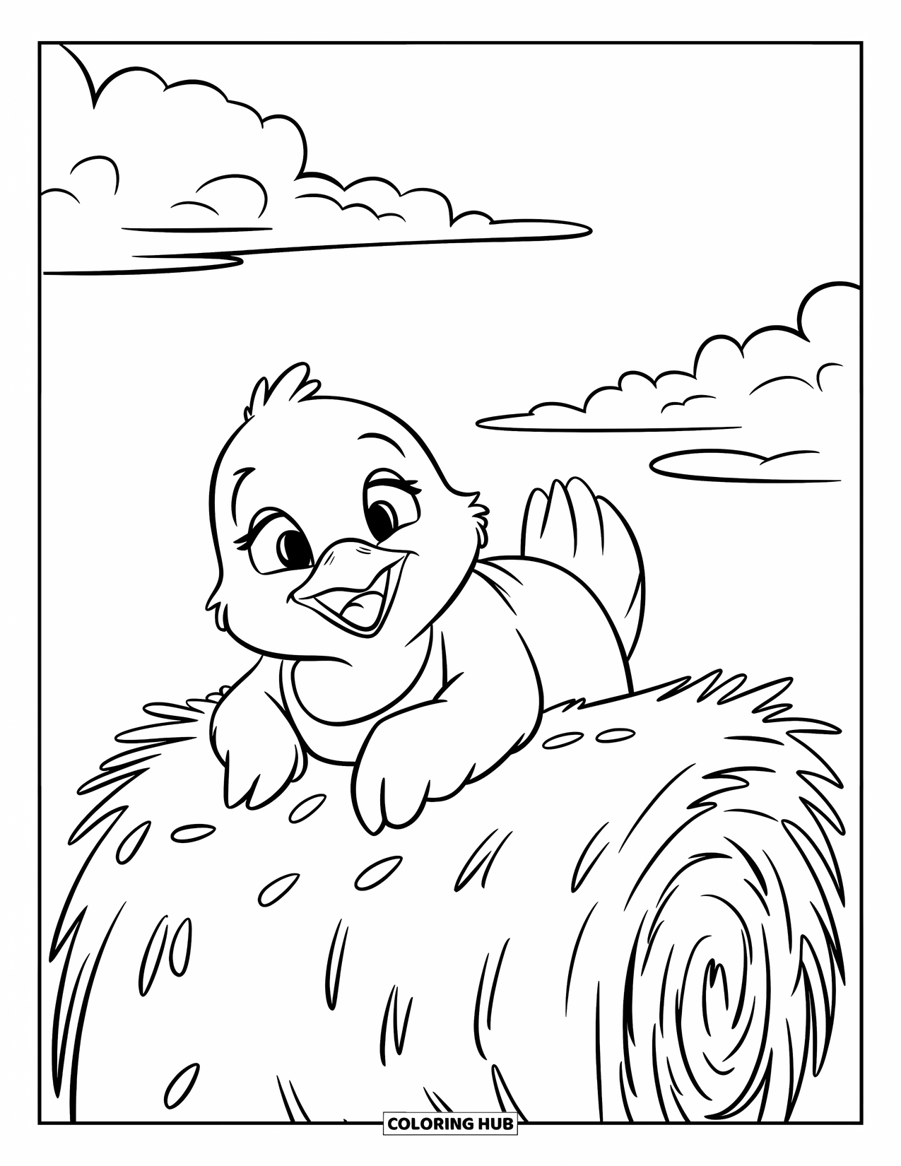 Desenho de Pintinho para Colorir para Crianças: Um pintinho com uma camisa azul está deitado no feno, olhando para as nuvens