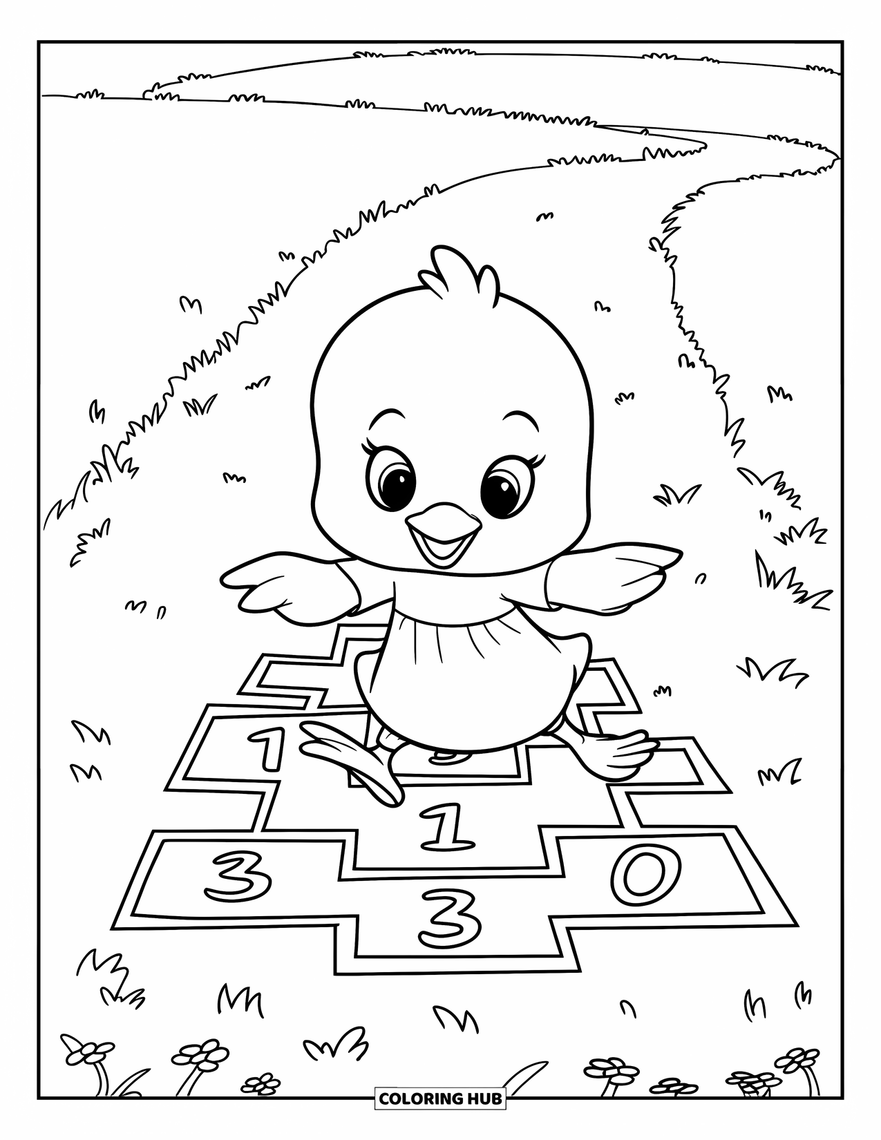 Desenho de Pintinho para Colorir para Crianças: Um pintinho de vestido joga amarelinha em um caminho numerado com flores por perto