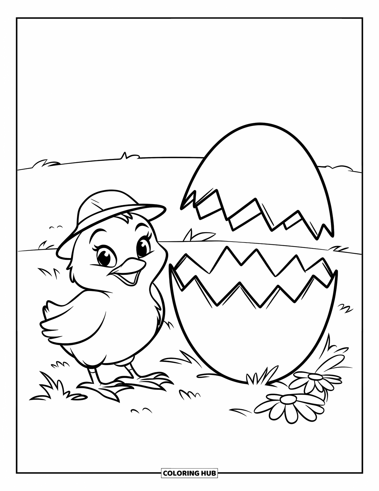 Desenho de Pintinho para Colorir para Crianças: Um pintinho de chapéu fica ao lado de um ovo rachado descansando na grama