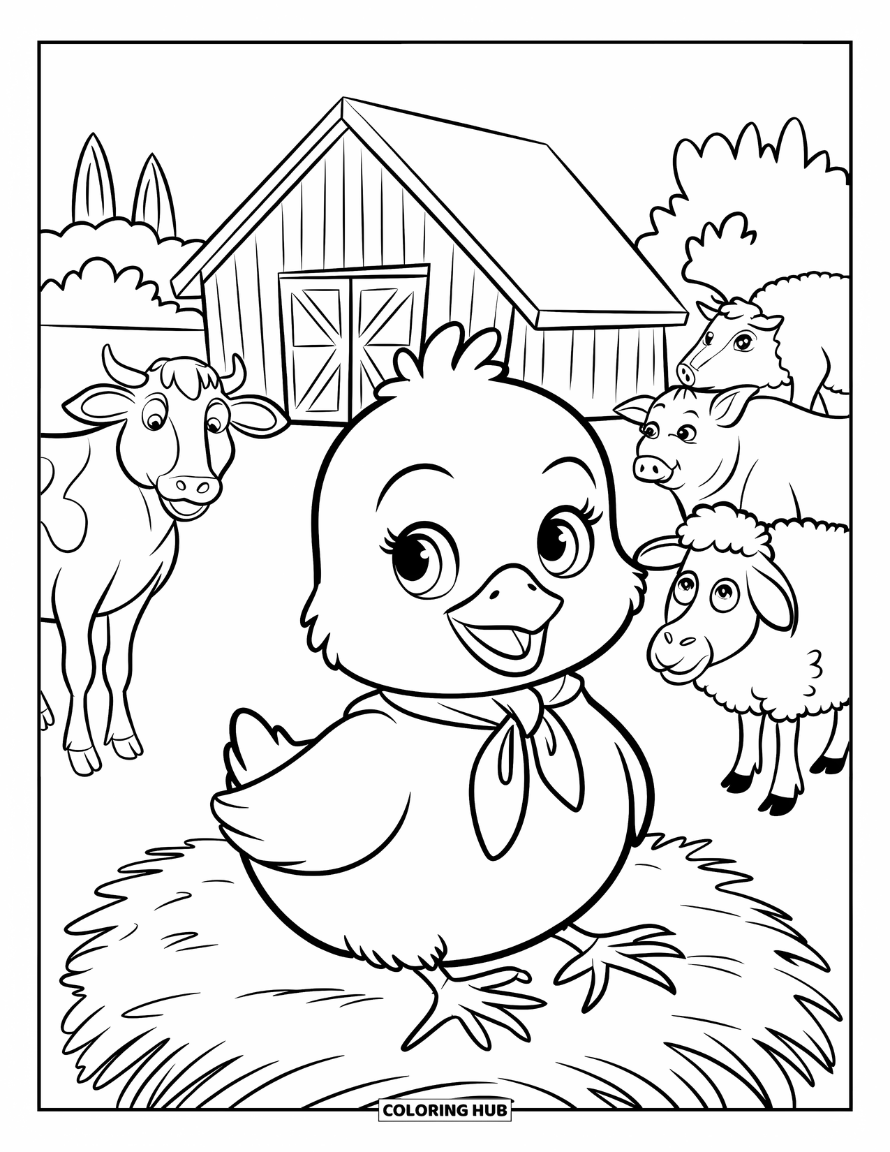Desenho de Pintinho para Colorir para Crianças: Um pintinho com um cachecol vermelho senta-se no feno com uma vaca, um porco e uma ovelha por perto