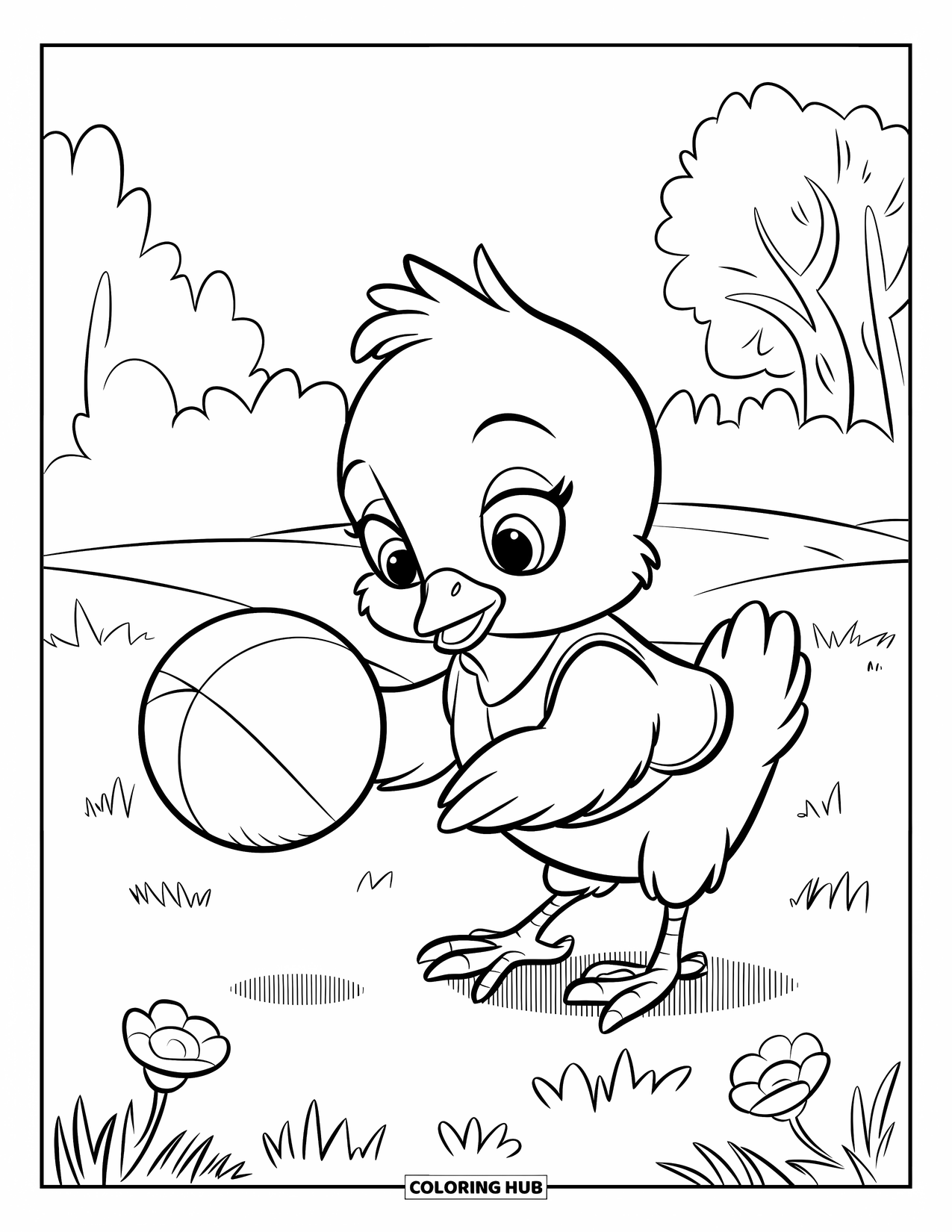 Desenho de Pintinho para Colorir para Crianças: Um pintinho com um colete amarelo salta uma bola entre flores e árvores