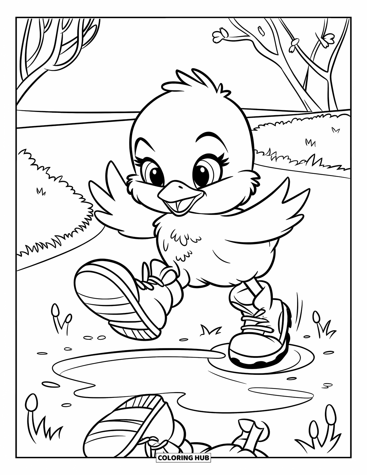 Desenho de Pintinho para Colorir para Crianças: Um pintinho com botas verdes pula sobre uma poça perto de pequenos botões de flores