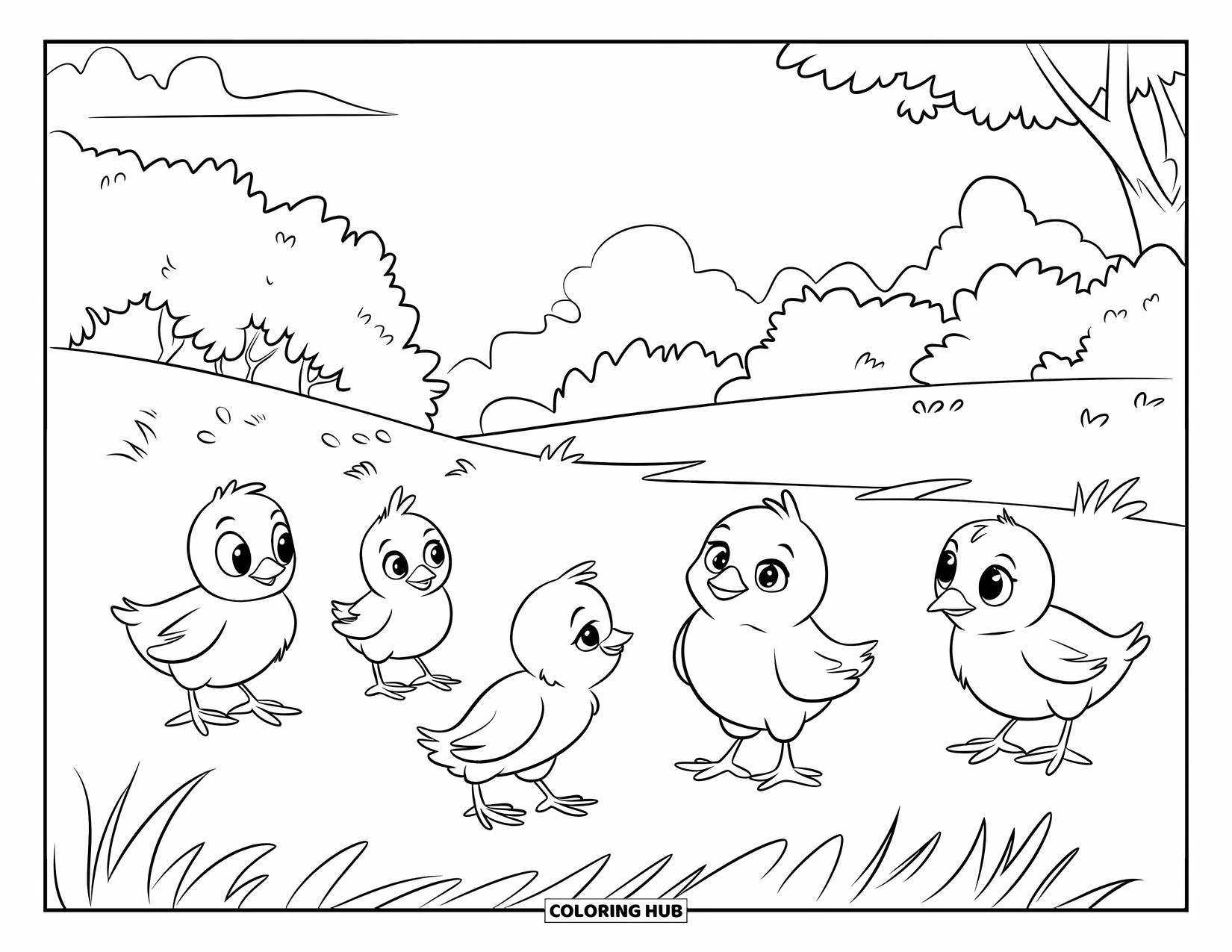 Desenho de Pintinho para Colorir para Crianças: Um pintinho se junta a outros cinco em um prado tranquilo com árvores e nuvens acima