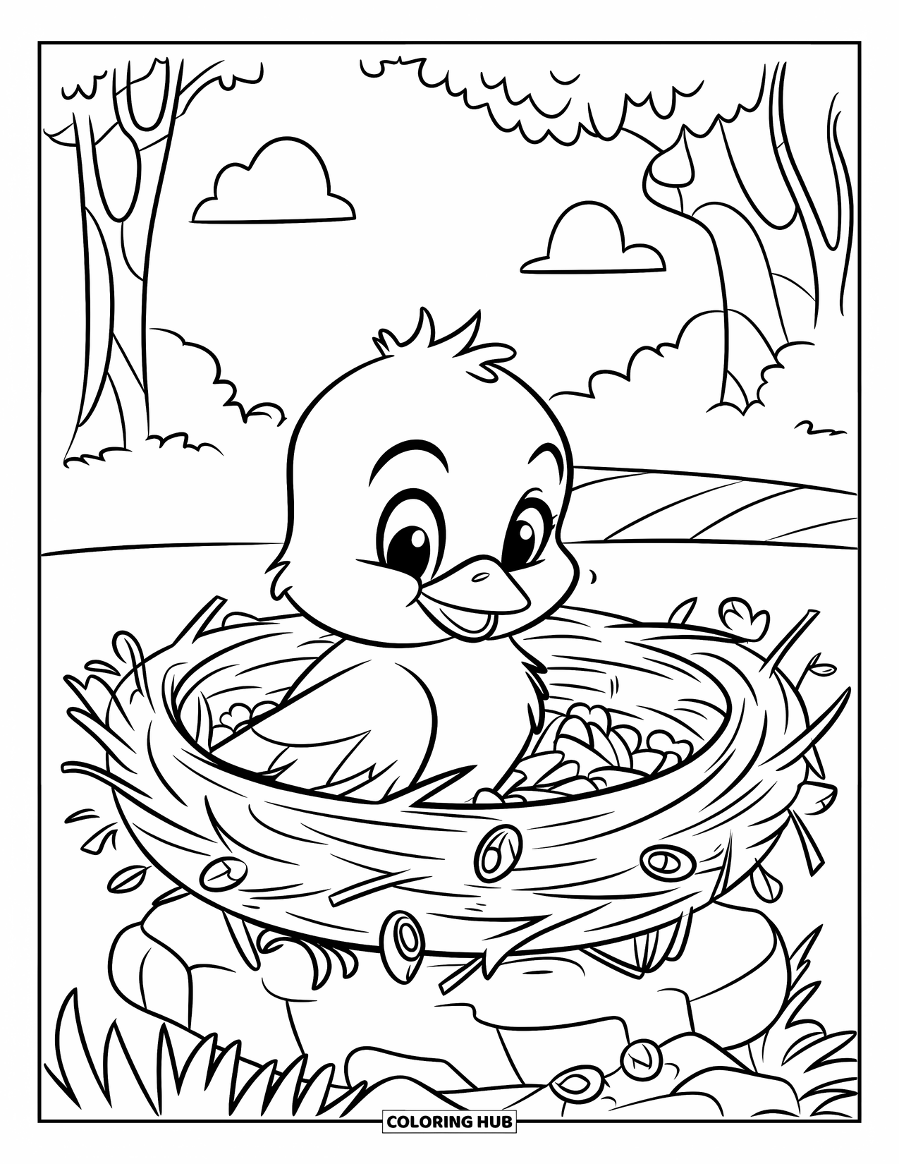 Desenho de Pintinho para Colorir para Crianças: Um pintinho empoleira-se em um galho, construindo um ninho com galhos e nuvens fofas acima