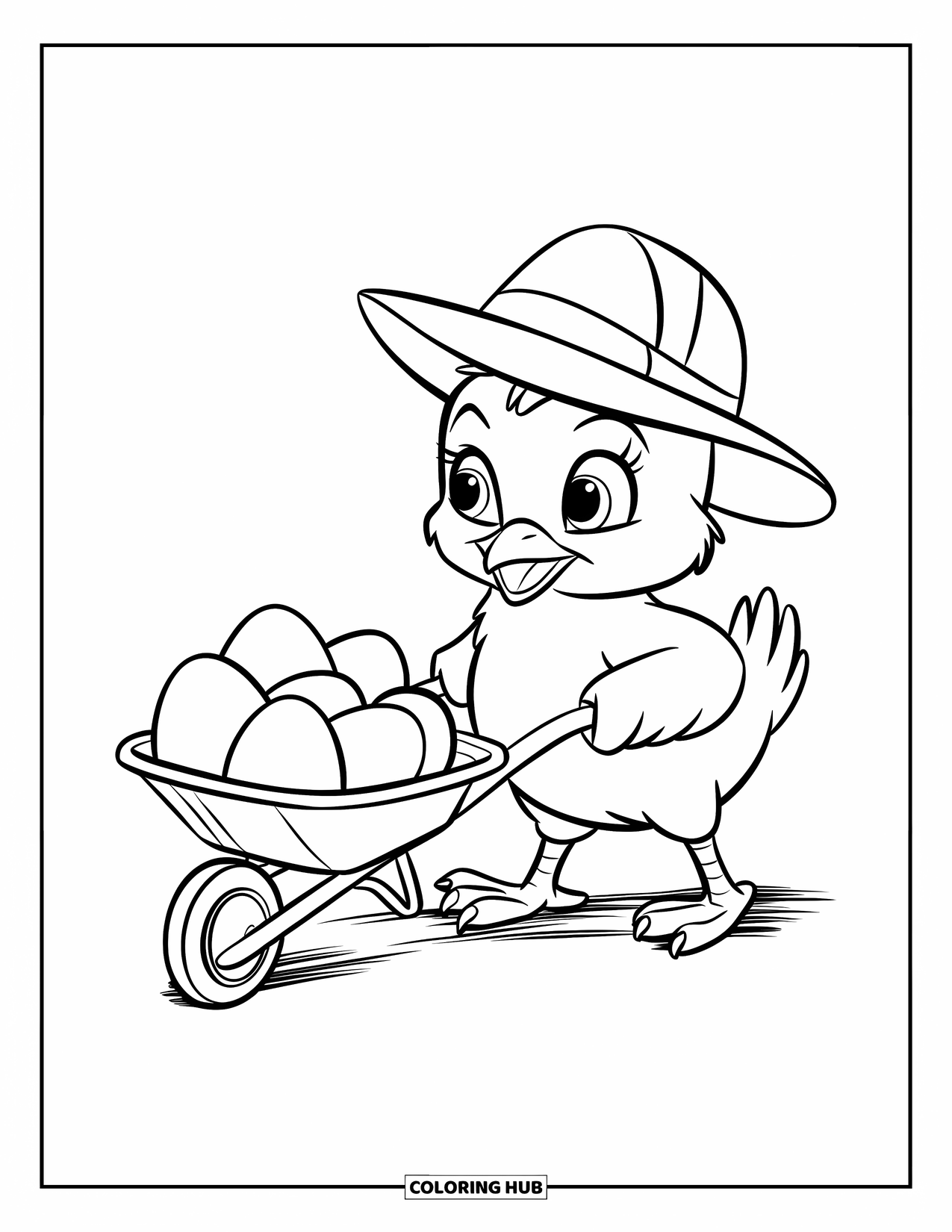 Desenho de Pintinho para Colorir para Crianças: Um pintinho empurra um pequeno carrinho de mão cheio de ovos com um sorriso feliz