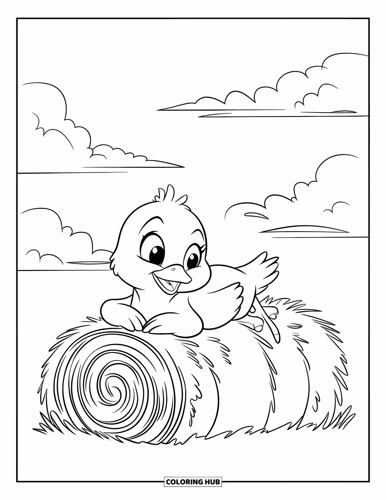 Desenho de Pintinho para Colorir para Crianças: Um pintinho relaxa em feno listrado, observando pacificamente as nuvens fofas acima