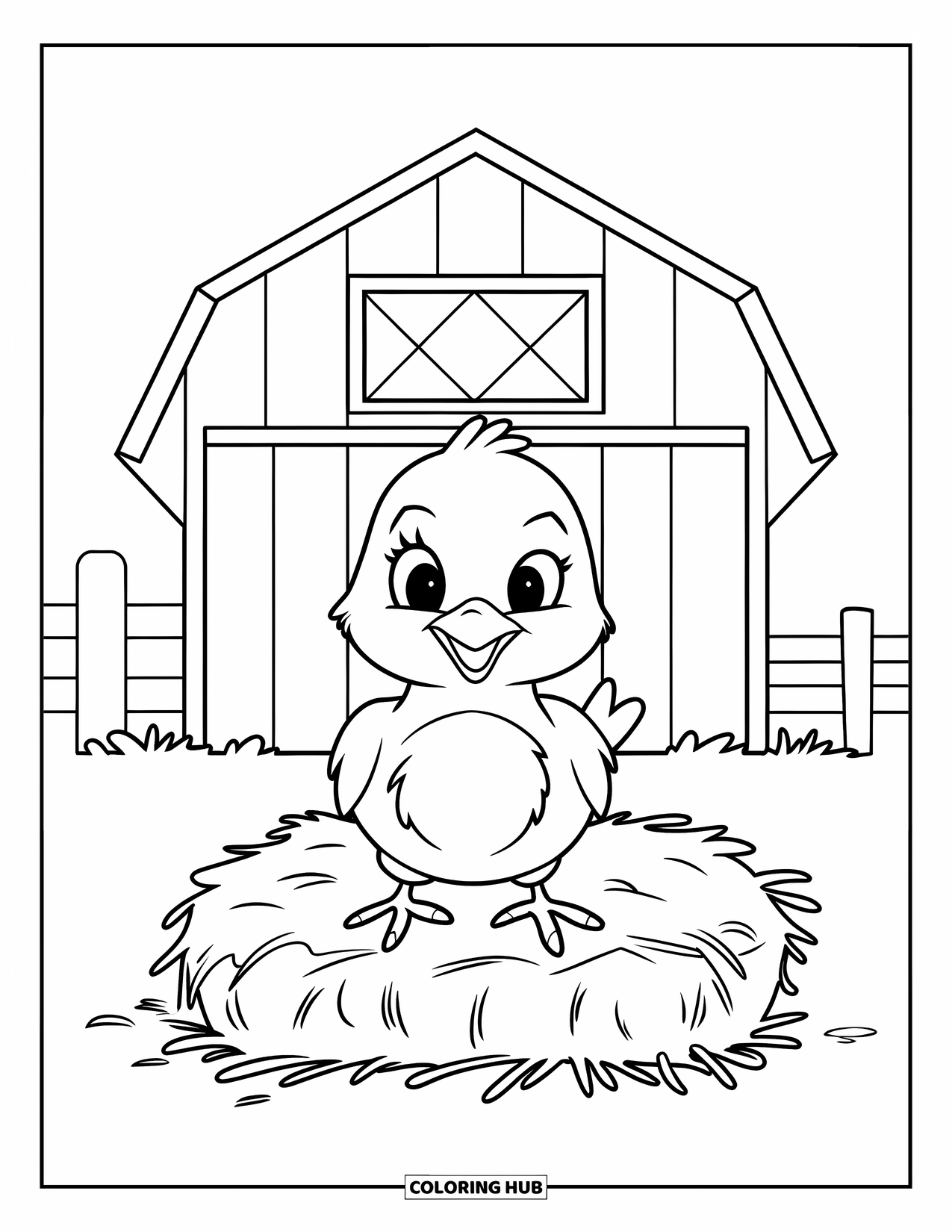 Desenho de Pintinho para Colorir para Crianças: Um pintinho senta-se em um fardo de feno em um pátio de fazenda com um celeiro atrás