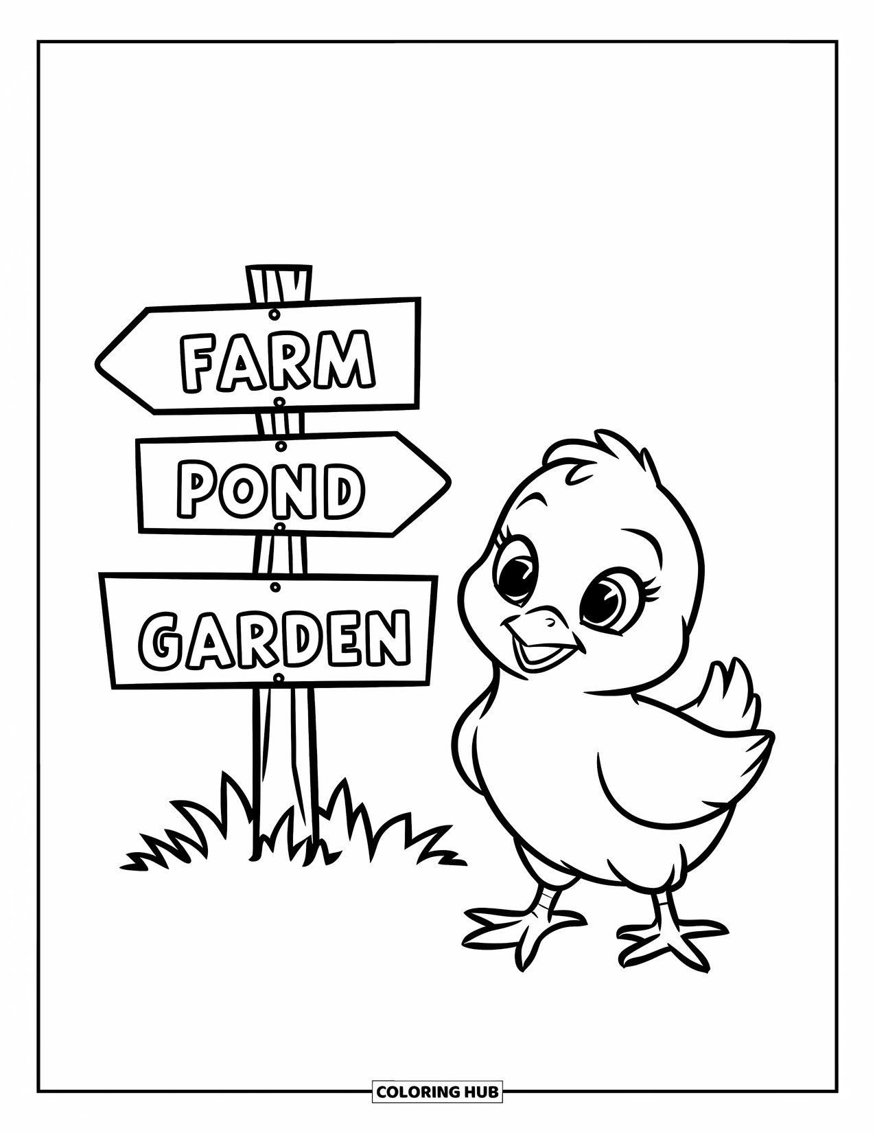 Desenho de Pintinho para Colorir para Crianças: Um pintinho fica perto de uma placa apontando para a fazenda, o lago e o jardim