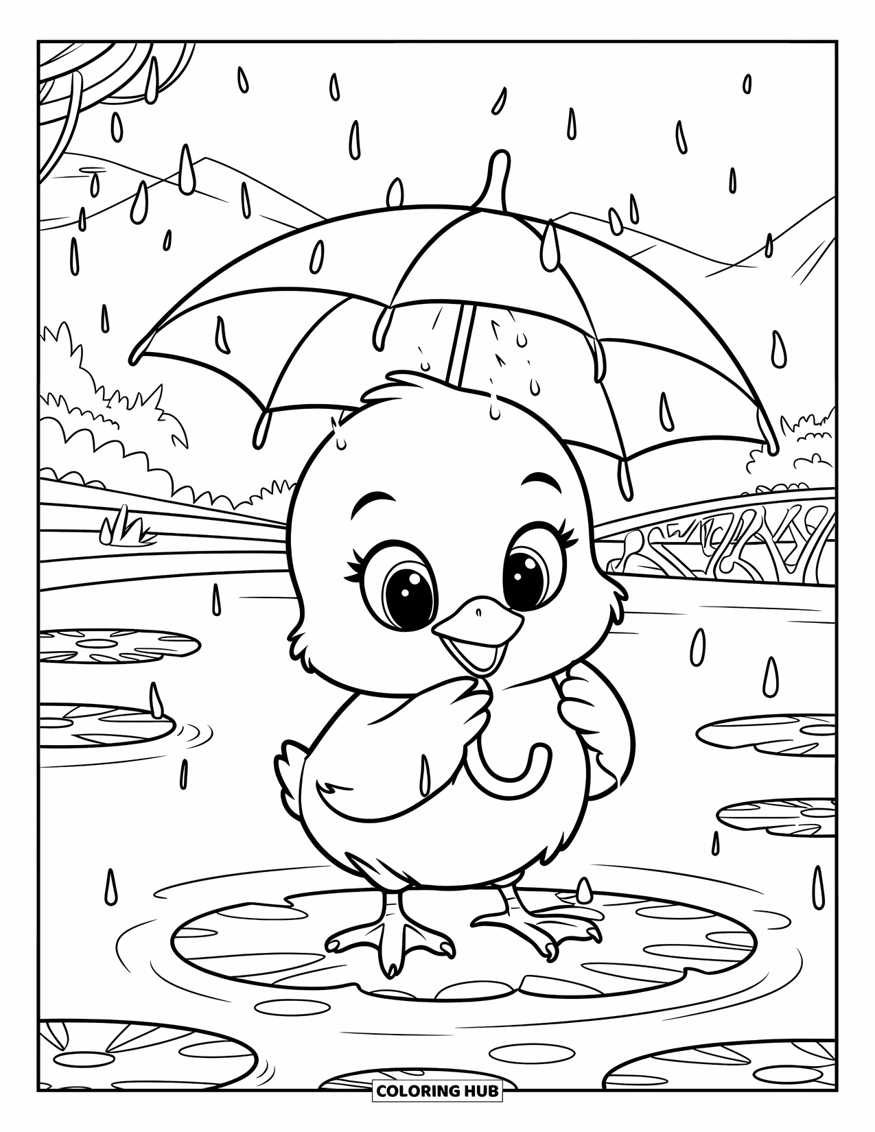 Desenho de Pintinho para Colorir para Crianças: Um pintinho fica em uma folha de lírio com um guarda-chuva enquanto uma chuva suave cai ao redor