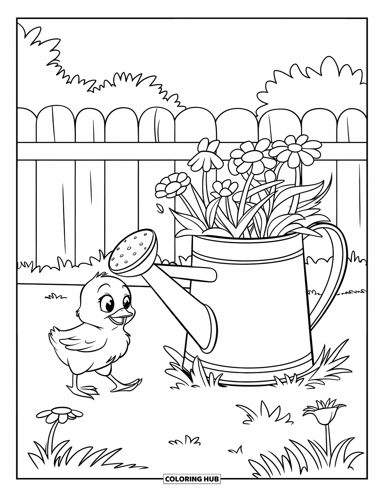 Desenho de Pintinho para Colorir para Crianças: Um pintinho caminha perto de um regador cheio de flores em um jardim tranquilo