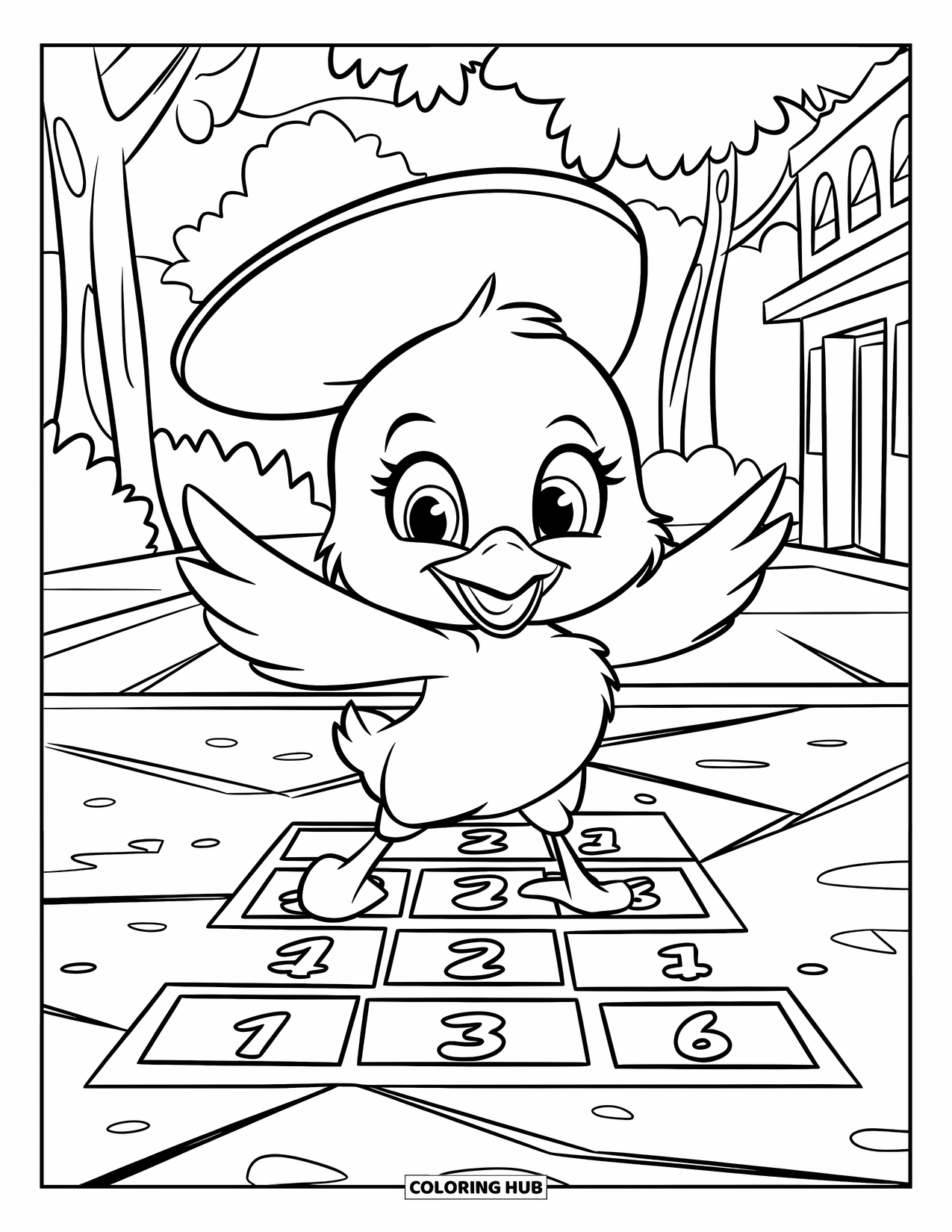 Desenho de Pintinho para Colorir para Crianças: Um pintinho usando um chapéu verde joga amarelinha em um caminho de pavimento rachado