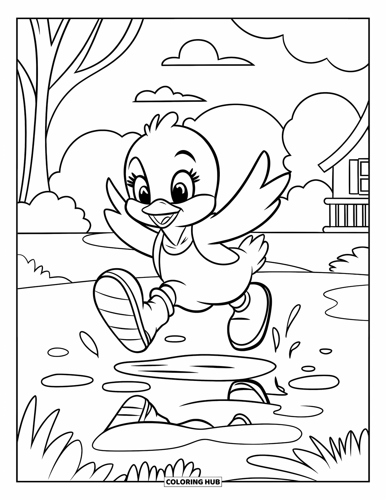 Desenho de Pintinho para Colorir para Crianças: Um pintinho usando botas salta sobre uma poça sob nuvens fofas e árvores altas