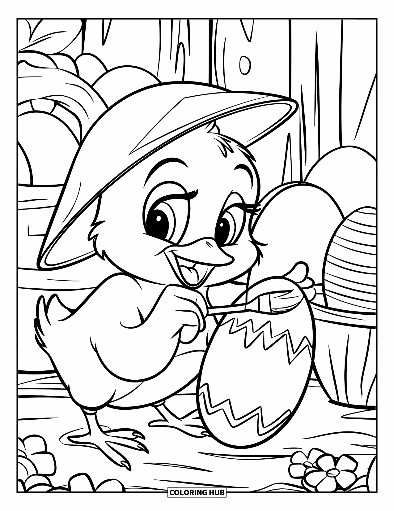 Desenho de Pintinho para Colorir para Crianças: Um pintinho com um chapéu pinta um ovo perto de uma cesta de flores