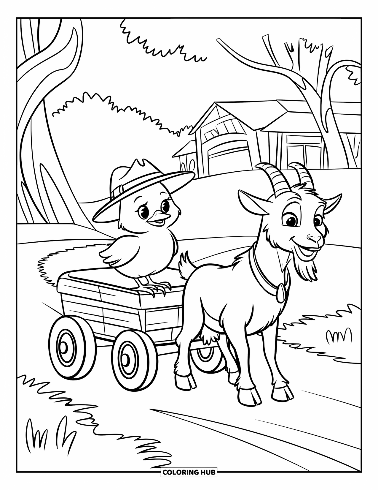 Desenho de Pintinho para Colorir para Crianças: Um pintinho com um chapéu anda em uma carroça puxada por um bode passando por árvores e uma casa