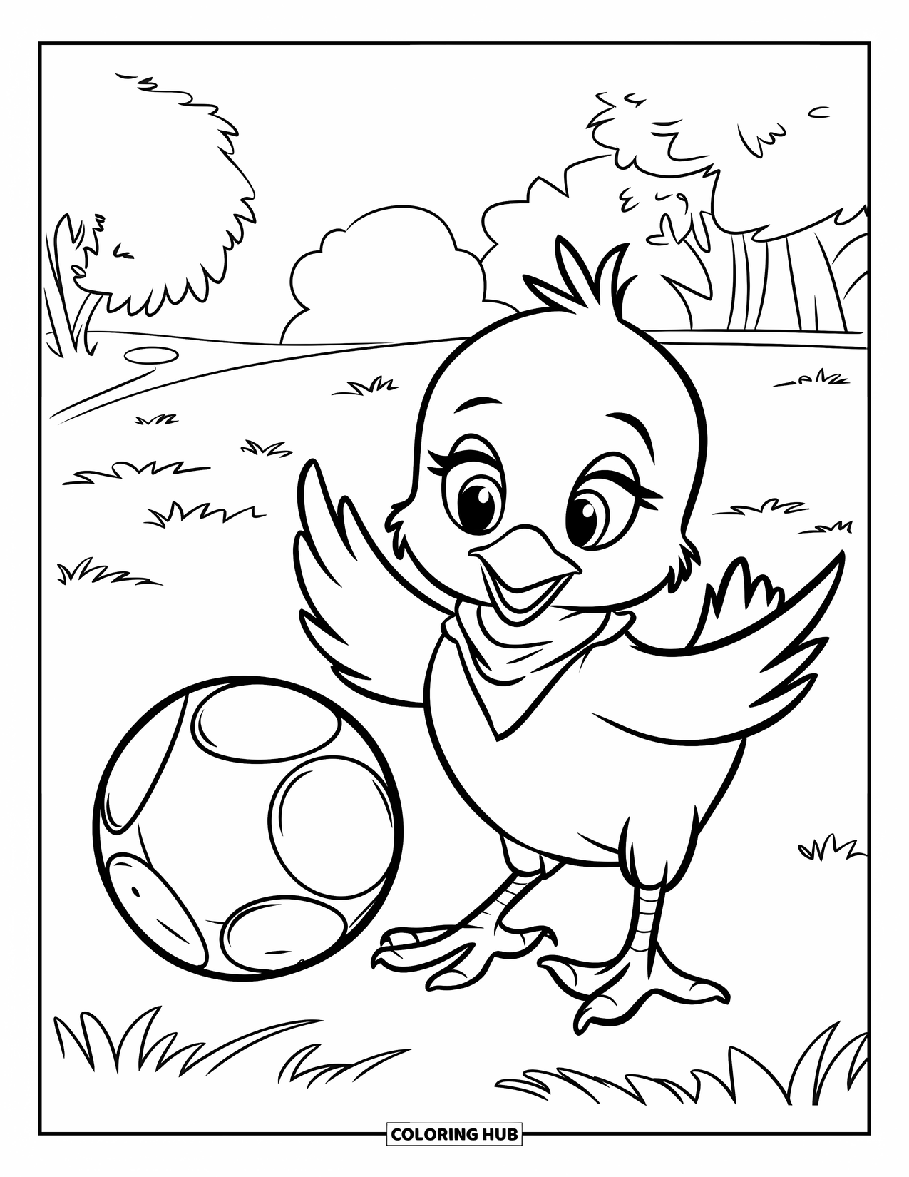 Desenho de Pintinho para Colorir para Crianças: Um pintinho com um cachecol vermelho brinca com uma bola saltitante no campo gramado
