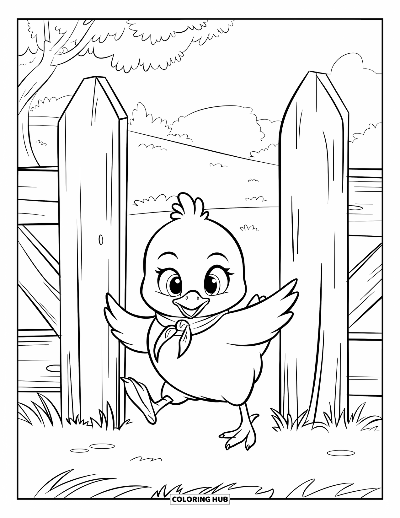 Desenho de Pintinho para Colorir para Crianças: Um pintinho com um cachecol vermelho caminha por um portão arejado em um campo ensolarado