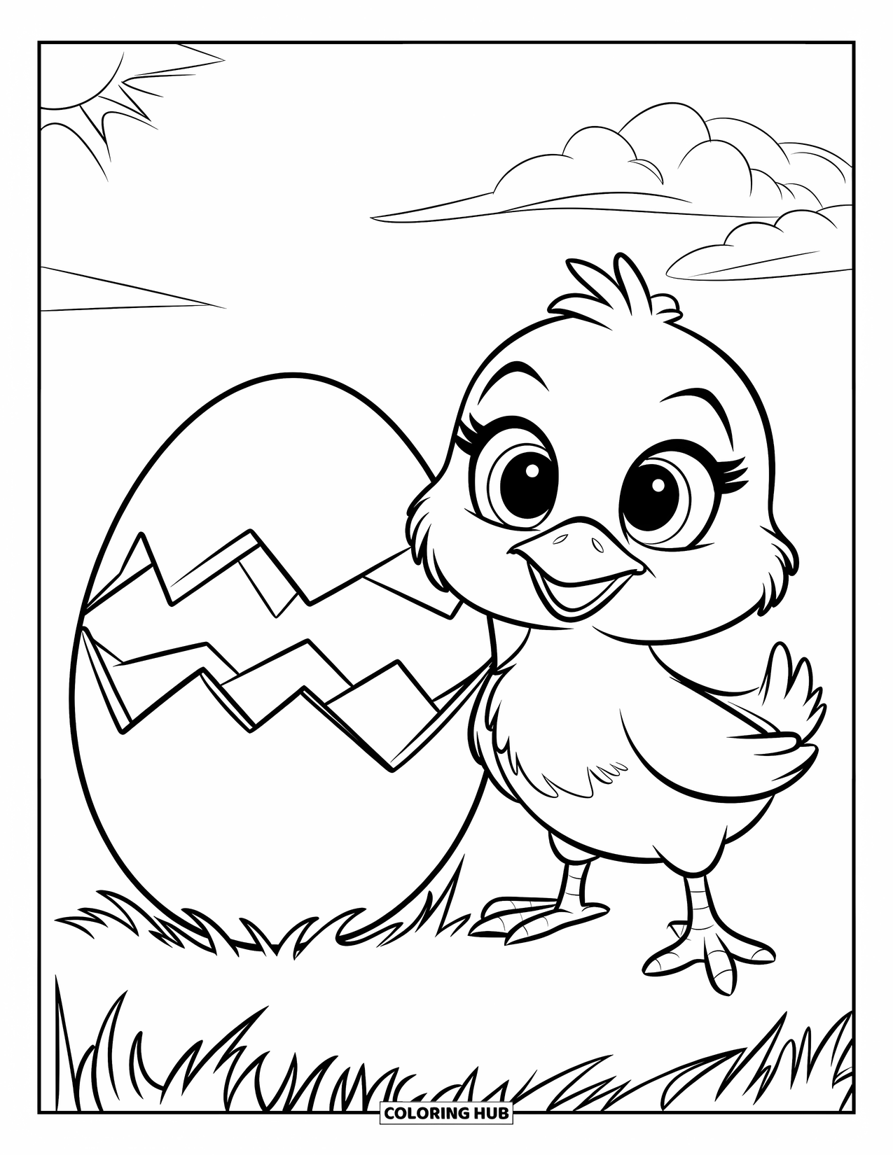 Desenho de Pintinho para Colorir para Crianças: Um pintinho com olhos grandes fica perto de um ovo rachado sob um céu ensolarado