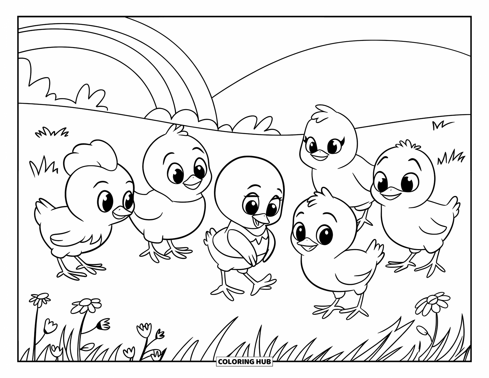 Desenho de Pintinho para Colorir para Crianças: Um pintinho elegante junta-se a um grupo sob um arco-íris em um prado de flores silvestres tranquilo