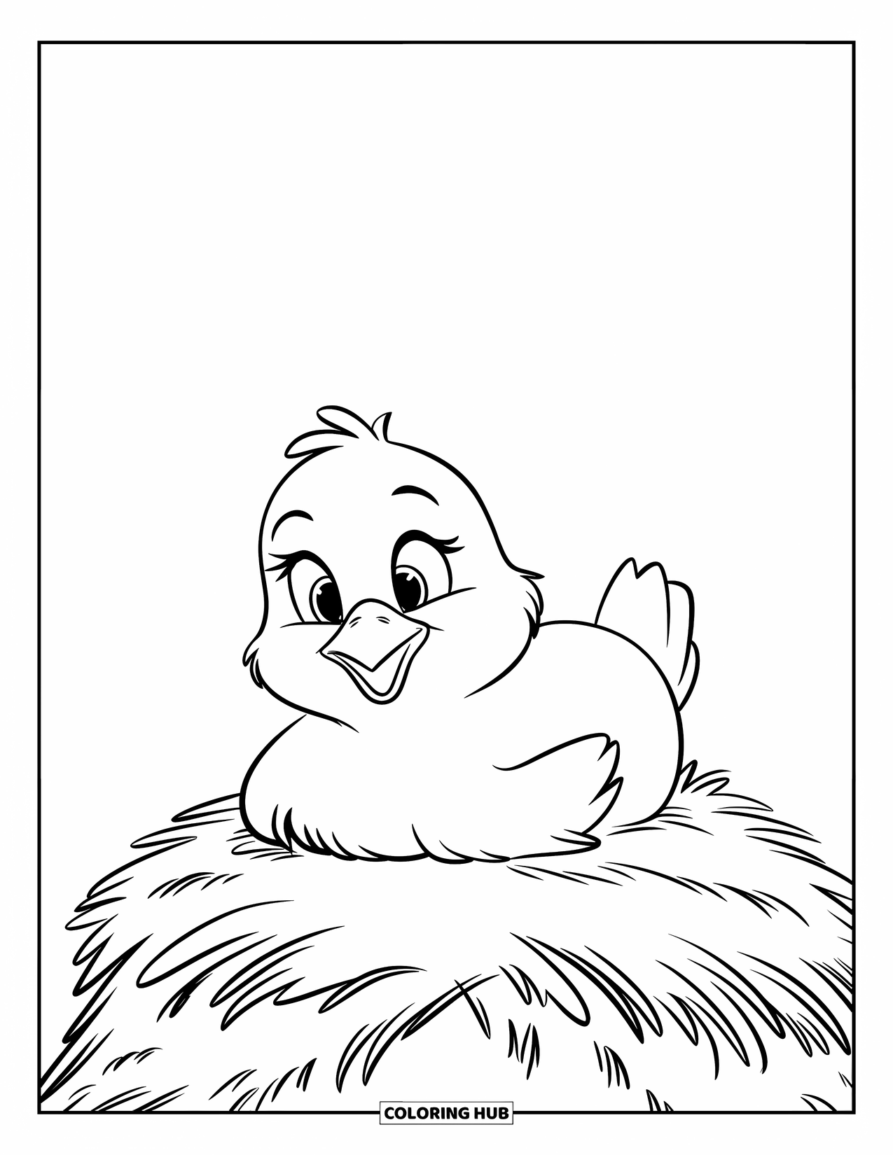 Desenho de Pintinho para Colorir para Crianças: Um pintinho fofo descansa em um palheiro sob um céu cheio de nuvens suaves
