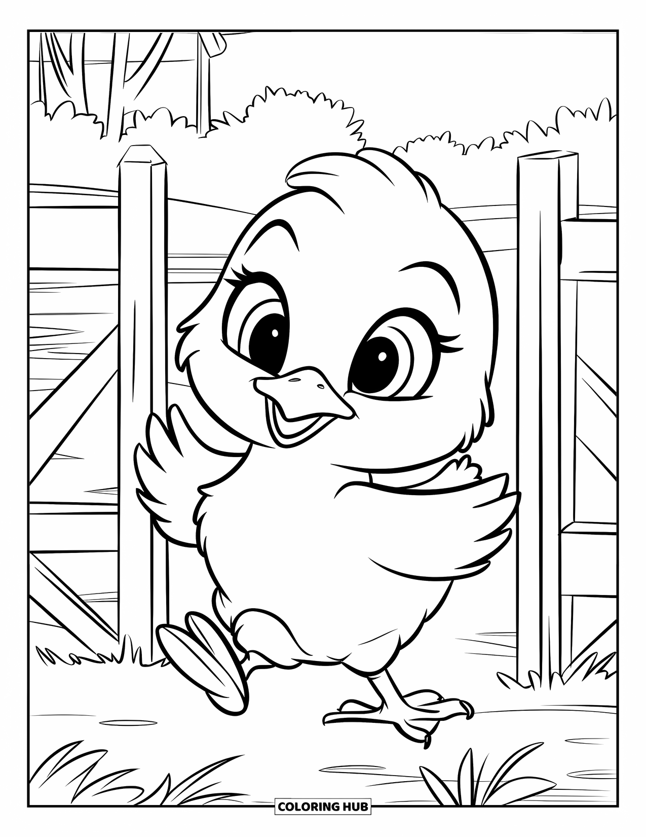 Desenho de Pintinho para Colorir para Crianças: Uma brisa suave sopra enquanto um pintinho caminha por um portão de cerca de madeira