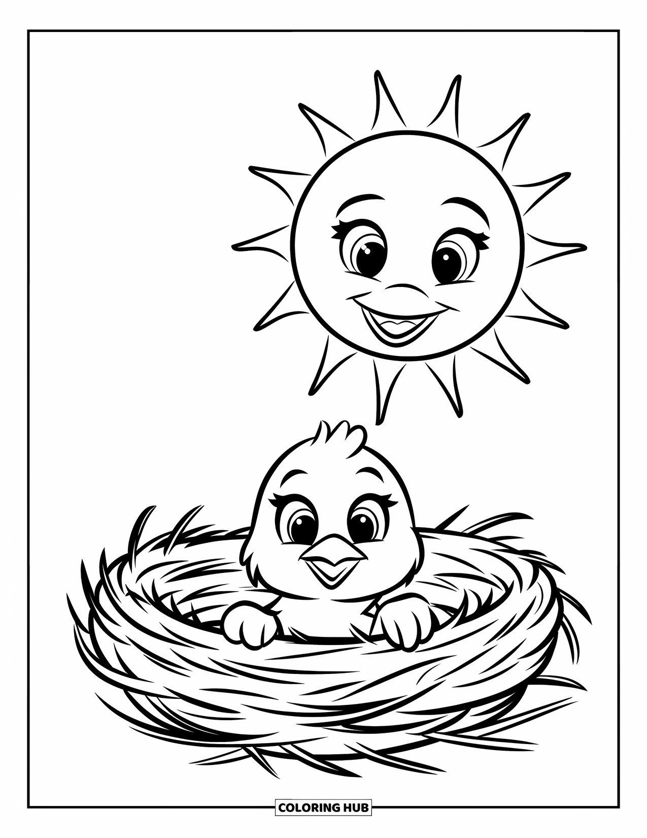 Desenho de Pintinho para Colorir para Crianças: Um pintinho feliz espreita de um ninho sob um sol brilhante e sorridente