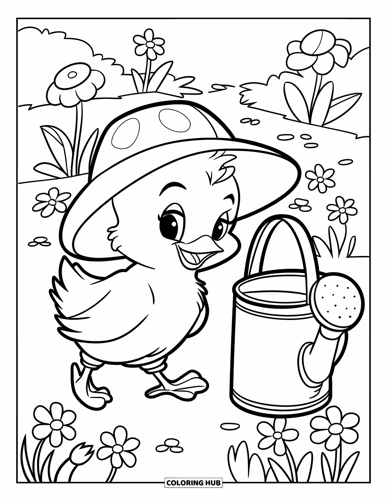 Desenho de Pintinho para Colorir para Crianças: Um pintinho feliz caminha ao lado de um regador cercado por flores da primavera desabrochando