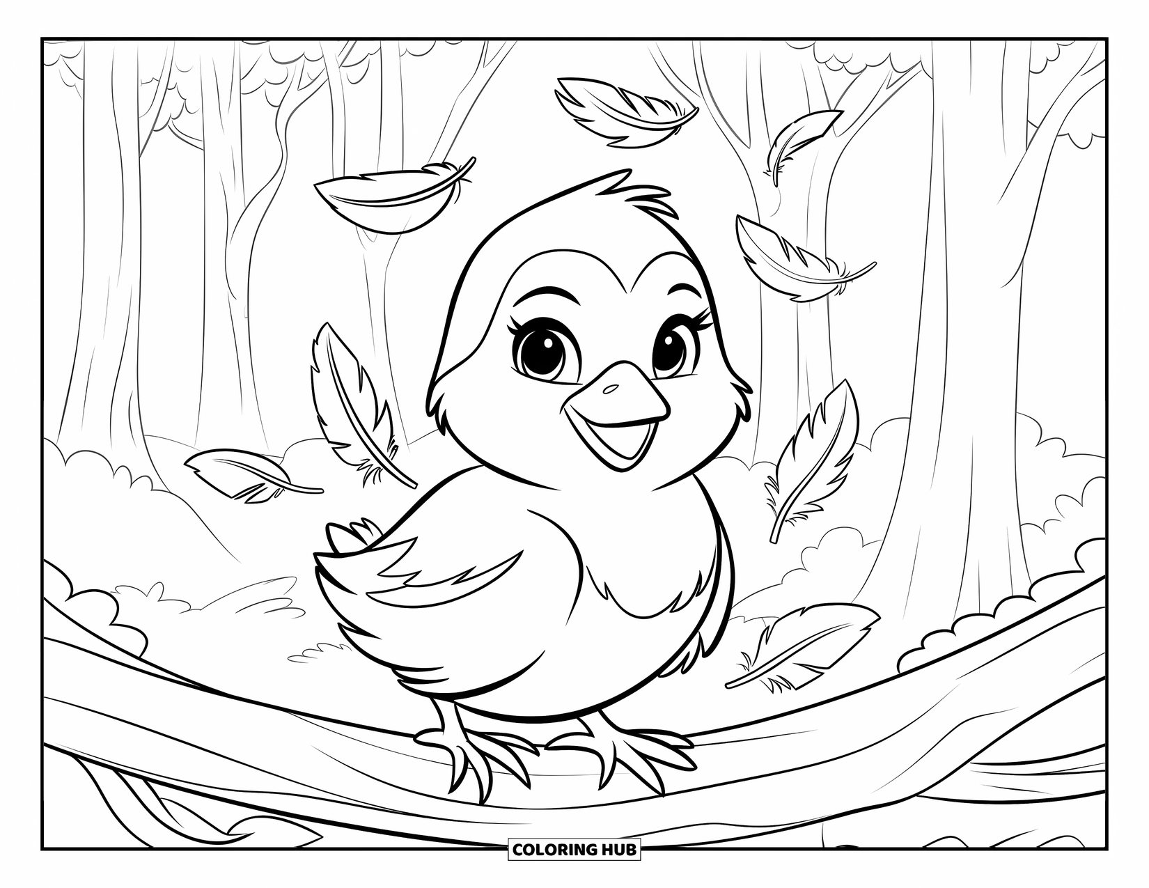 Desenho de Pintinho para Colorir para Crianças: Um pintinho tranquilo senta-se em um galho com folhas caindo em um ambiente de floresta