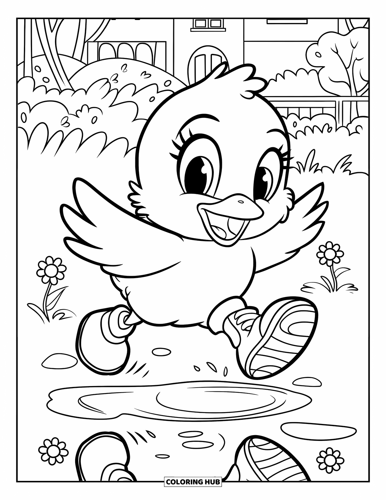 Desenho de Pintinho para Colorir para Crianças: Um pintinho brincalhão de botas salta sobre uma poça com árvores e flores por perto