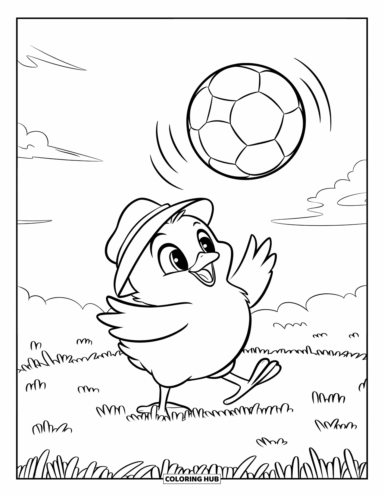 Desenho de Pintinho para Colorir para Crianças: Um pintinho redondo de chapéu brinca com uma bola saltitante em um campo ensolarado