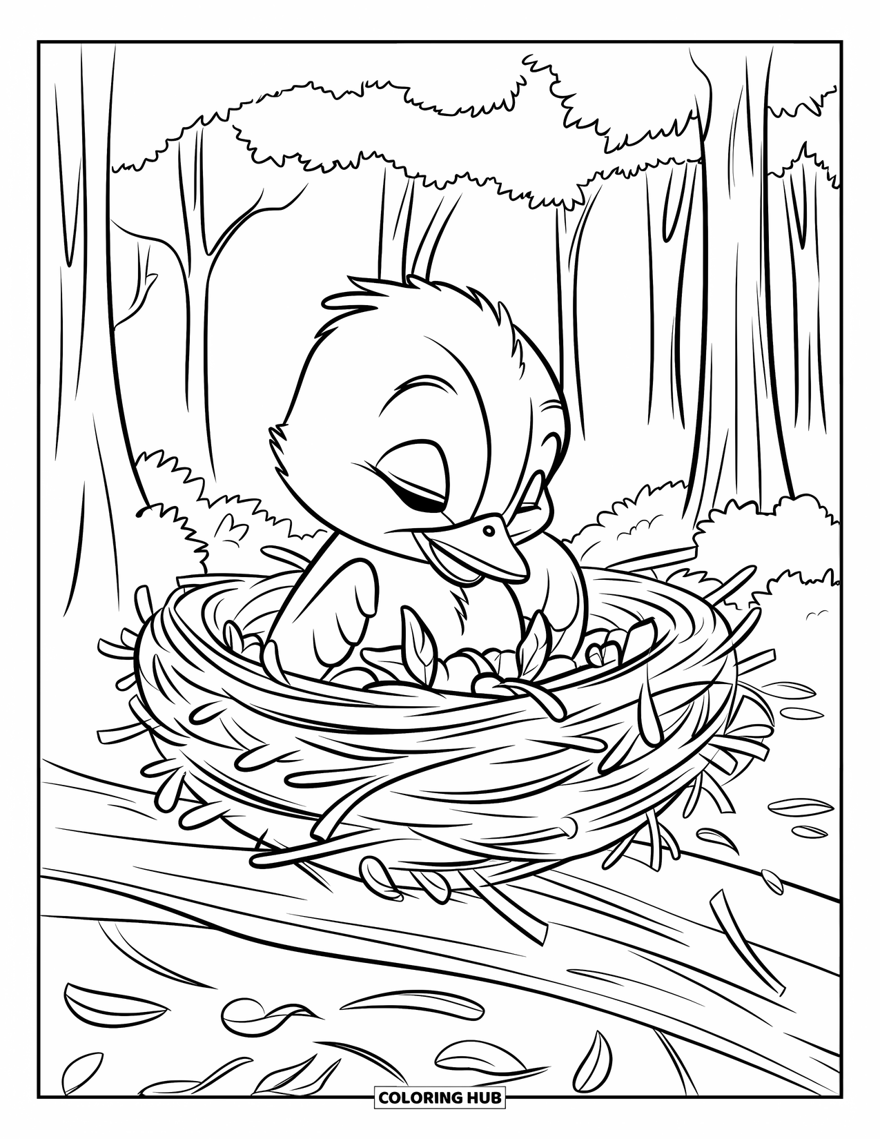 Desenho de Pintinho para Colorir para Crianças: Um pintinho sonolento constrói um ninho em um galho em uma floresta serena