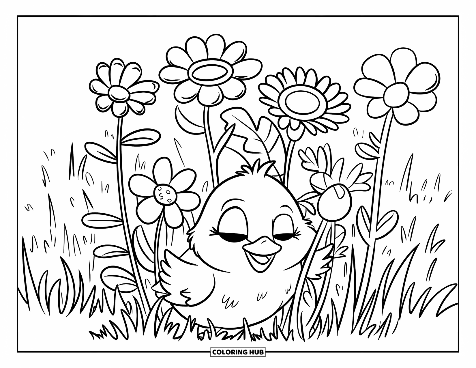 Desenho de Pintinho para Colorir para Crianças: Um pintinho sonolento se esconde entre flores altas com os olhos suavemente fechados