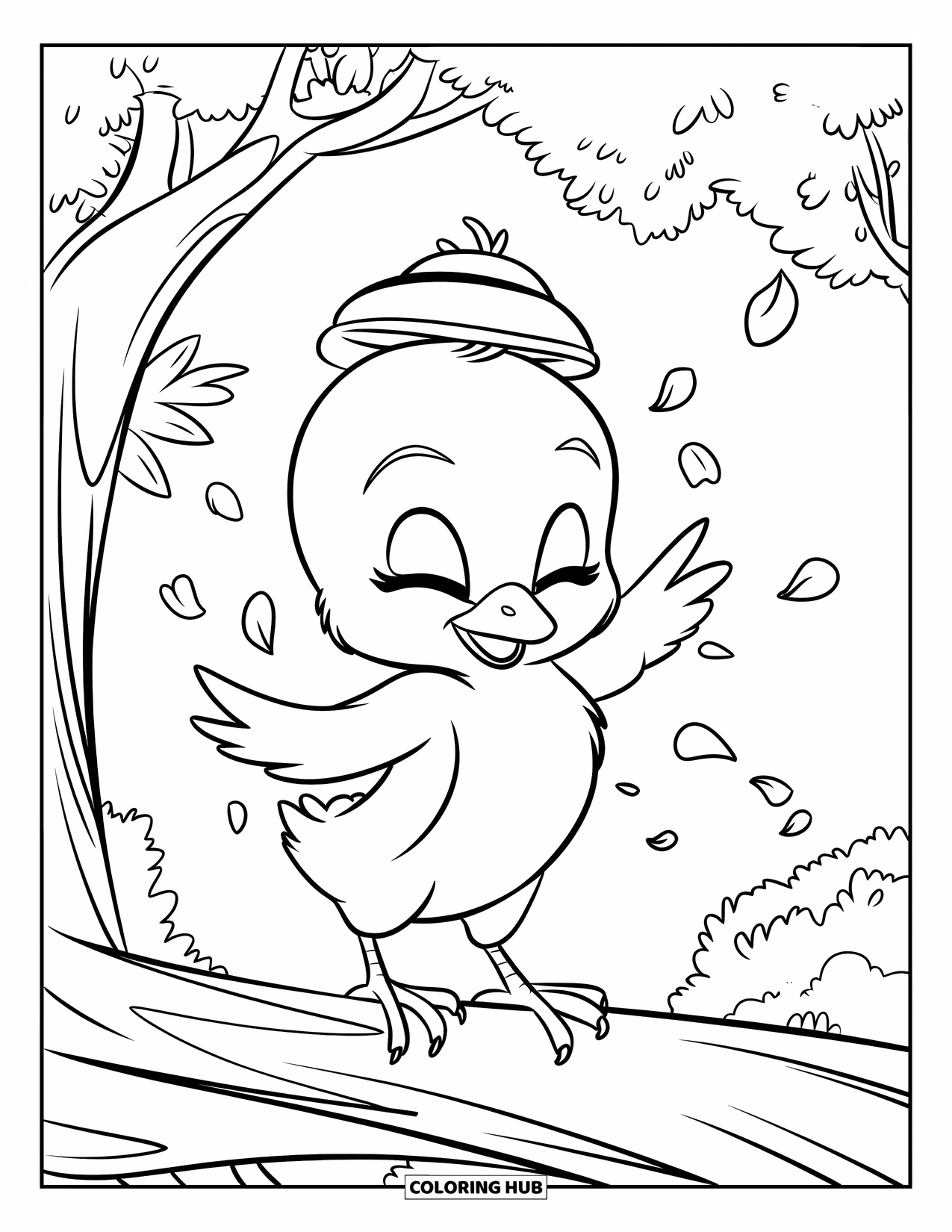 Desenho de Pintinho para Colorir para Crianças: Um pintinho sonolento com um chapéu pequeno se equilibra em um galho em uma floresta