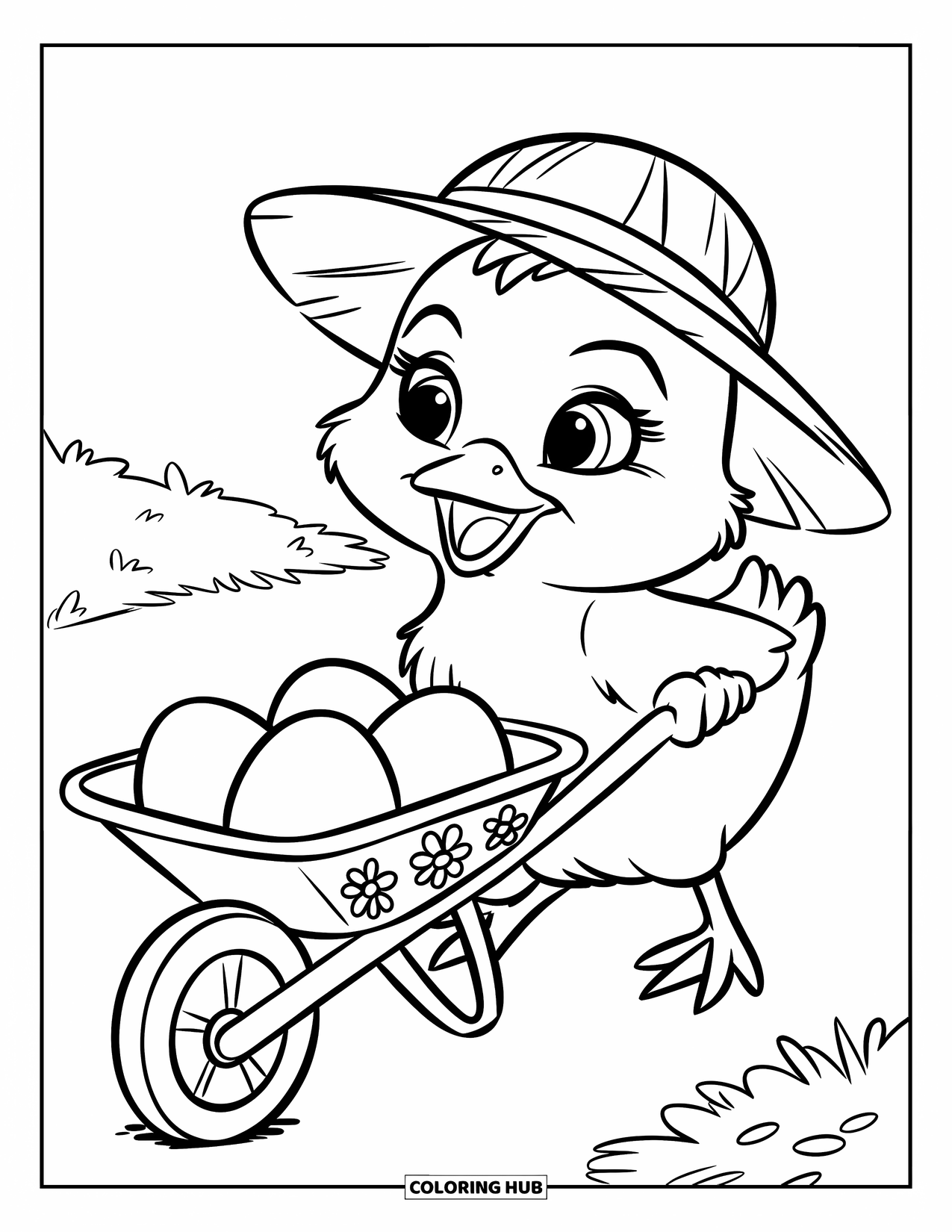 Desenho de Pintinho para Colorir para Crianças: Um pintinho sorridente com um chapéu de palha empurra um carrinho de mão estampado através de um campo