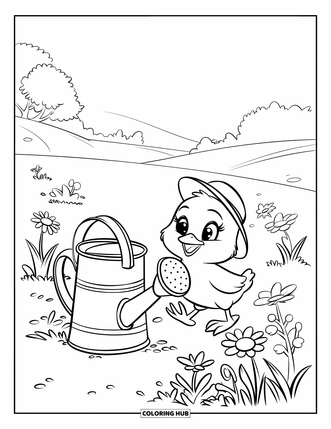 Desenho de Pintinho para Colorir para Crianças: Um pintinho sorridente passeia ao lado de um regador e flores desabrochando sob um céu claro