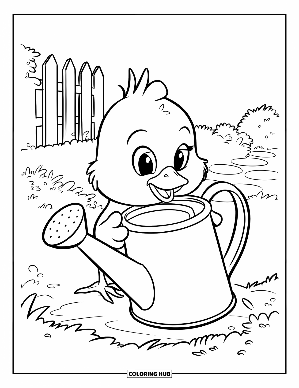 Desenho de Pintinho para Colorir para Crianças: Um pintinho doce espia para dentro de um regador ao lado de uma cerca de jardim frondosa