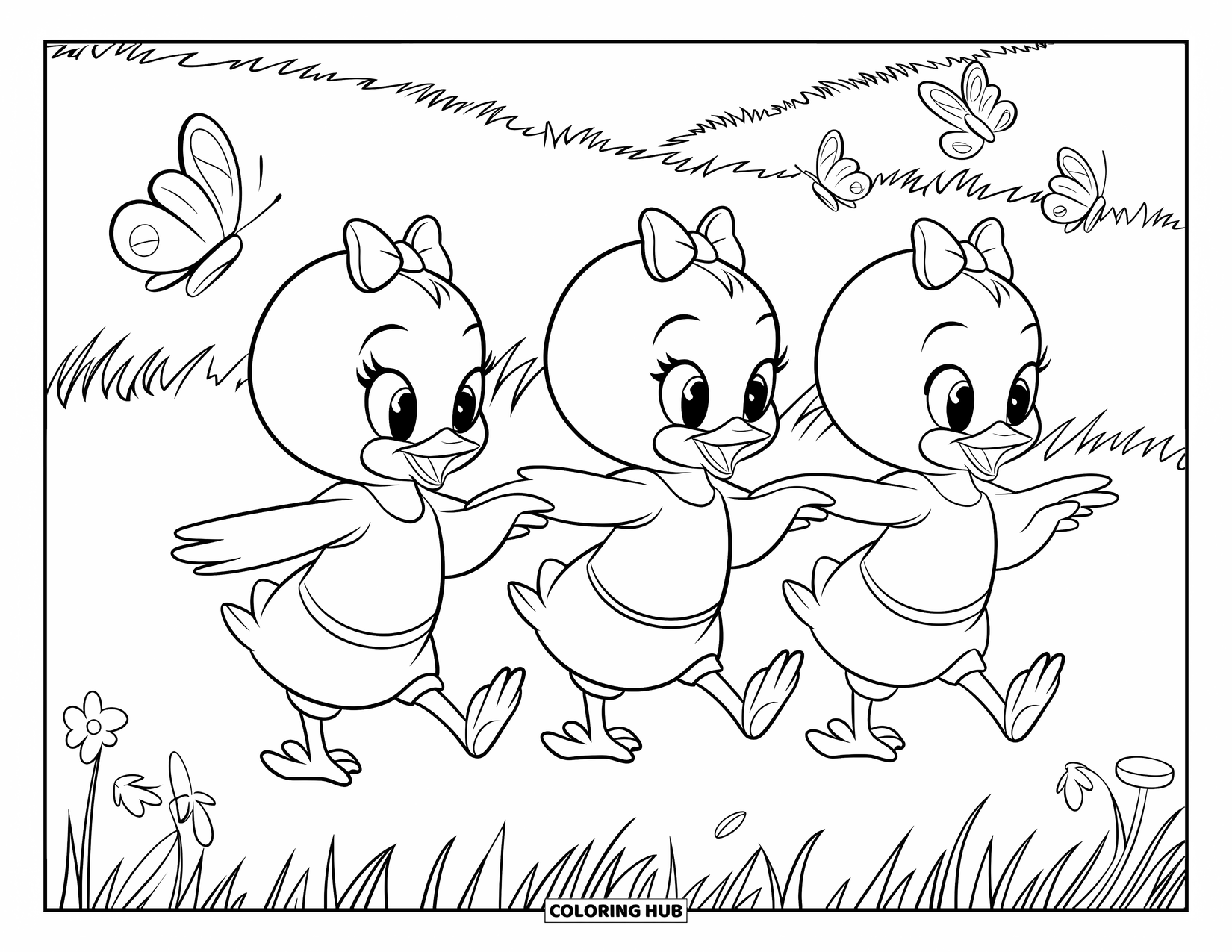 Desenho de Pintinho para Colorir para Crianças: Um trio de pintinhos de laço dão as mãos enquanto perseguem borboletas em um campo