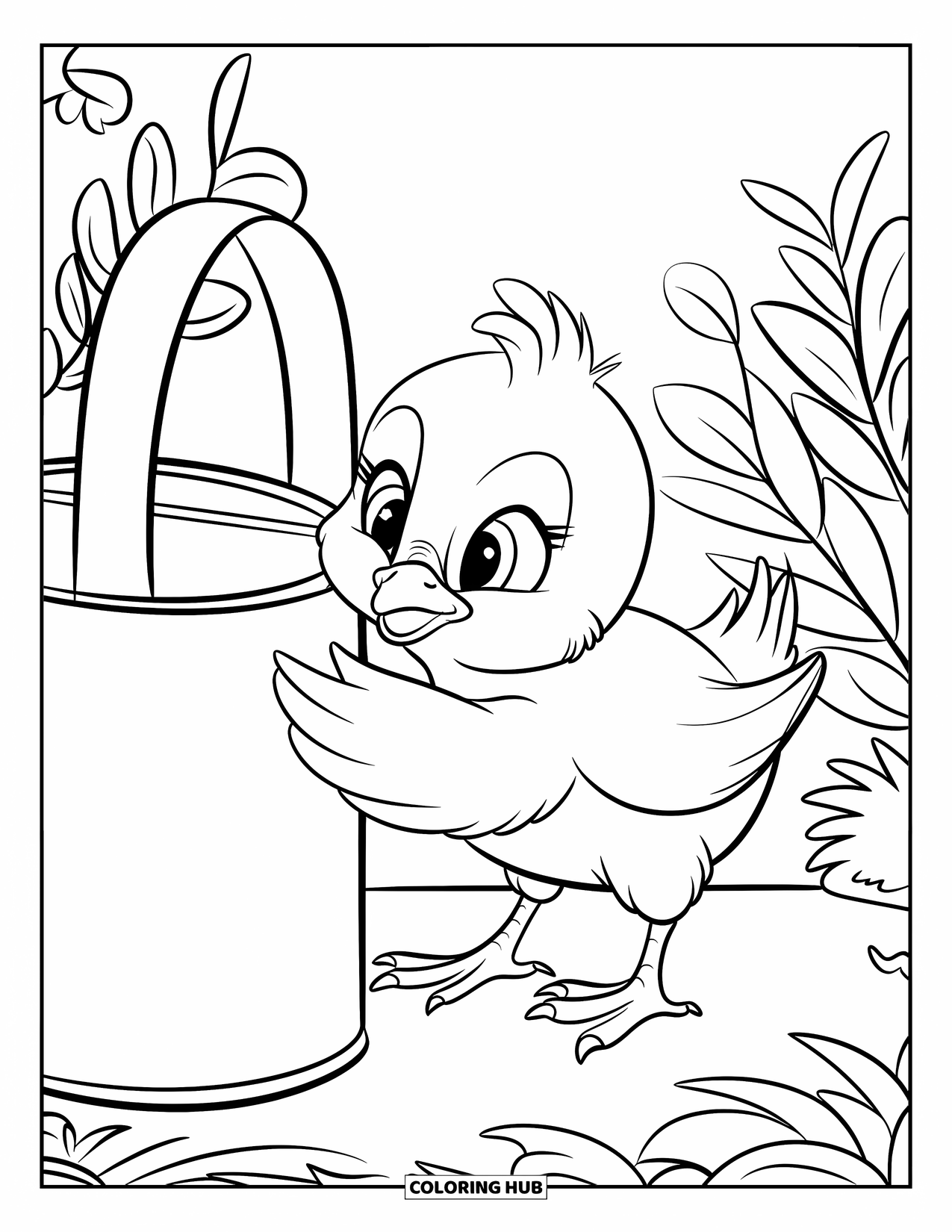 Desenho de Pintinho para Colorir para Crianças: Um pintinho branco e marrom espia para dentro de um regador em um jardim tranquilo