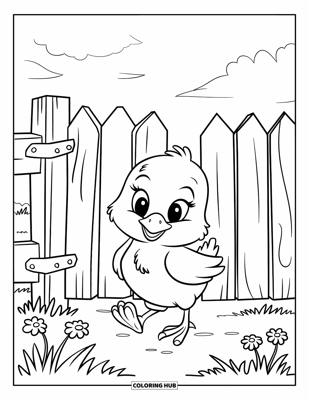 Desenho de Pintinho para Colorir para Crianças: Um pintinho de bico amarelo caminha por um portão arejado cercado por flores e nuvens