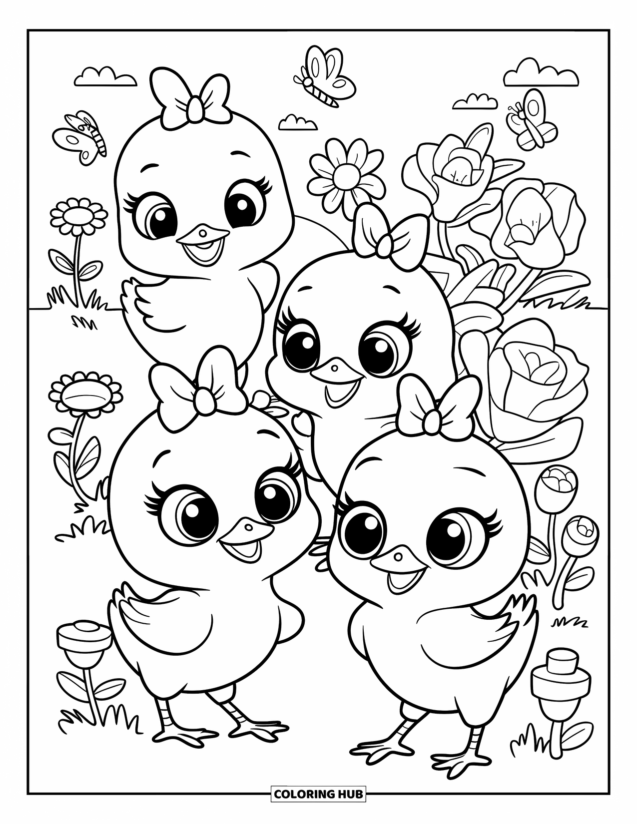 Desenho de Pintinho para Colorir para Crianças: Pintinhos usando laços exploram um jardim florido cheio de insetos zumbindo