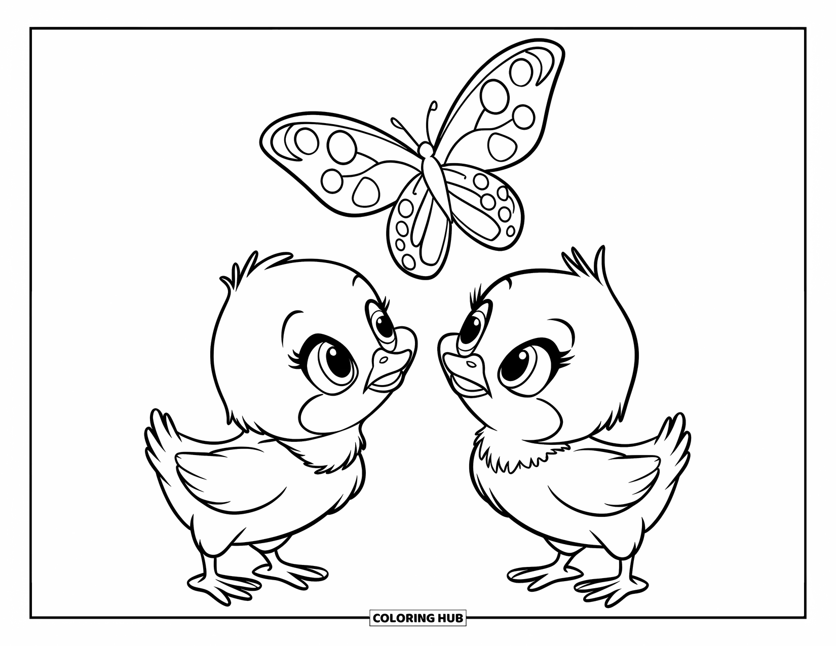 Desenho de Pintinho para Colorir para Crianças: Pintinhos em roupas fofas se encaram enquanto uma borboleta voa acima deles