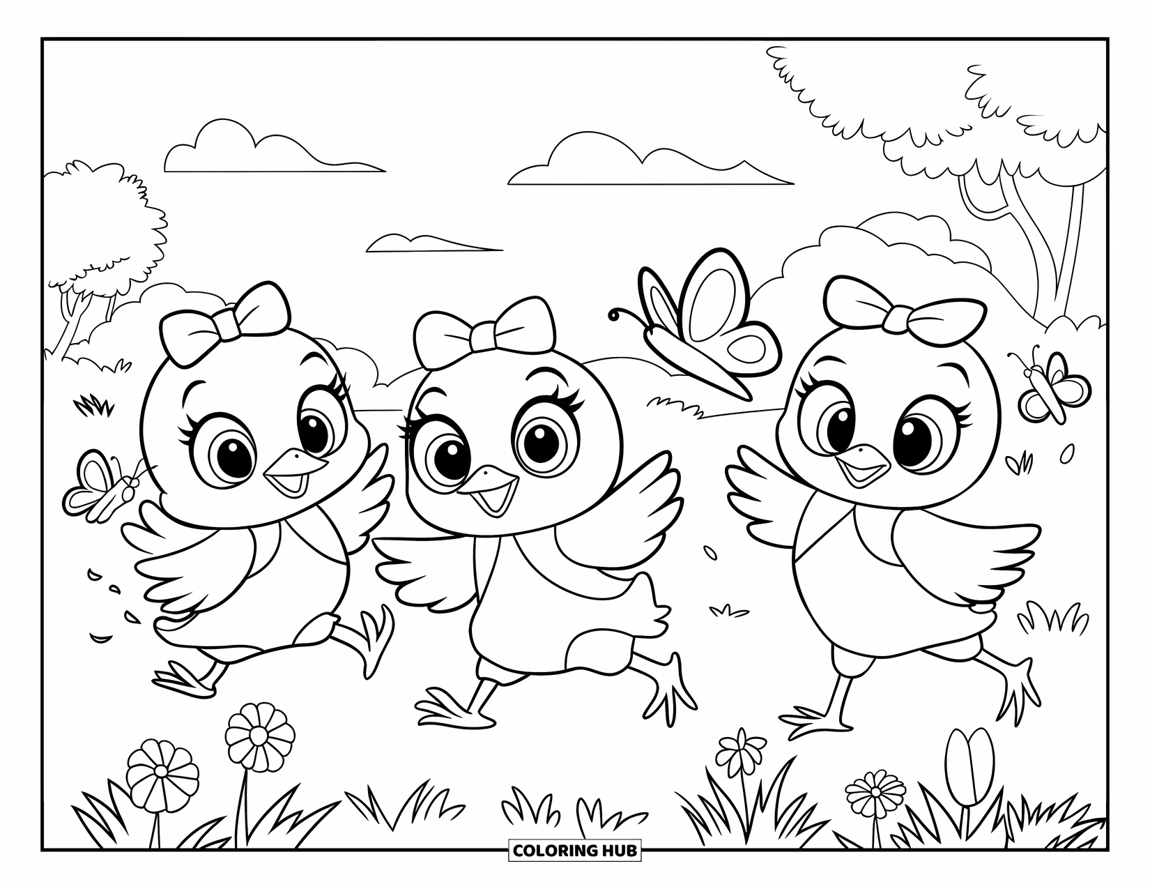 Desenho de Pintinho para Colorir para Crianças: Pintinhos em vestidos com laços perseguem borboletas através de flores sob um céu azul