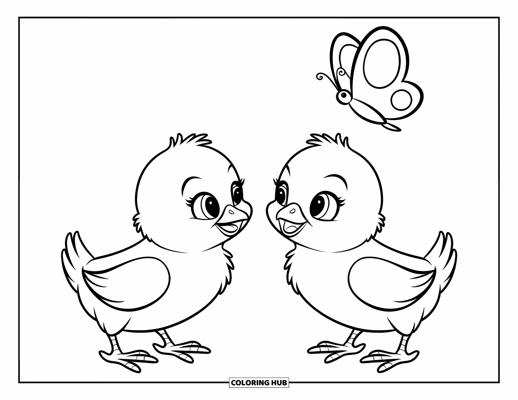 Desenho de Pintinho para Colorir para Crianças: Pintinhos com laços sorriem um para o outro enquanto uma borboleta voa acima