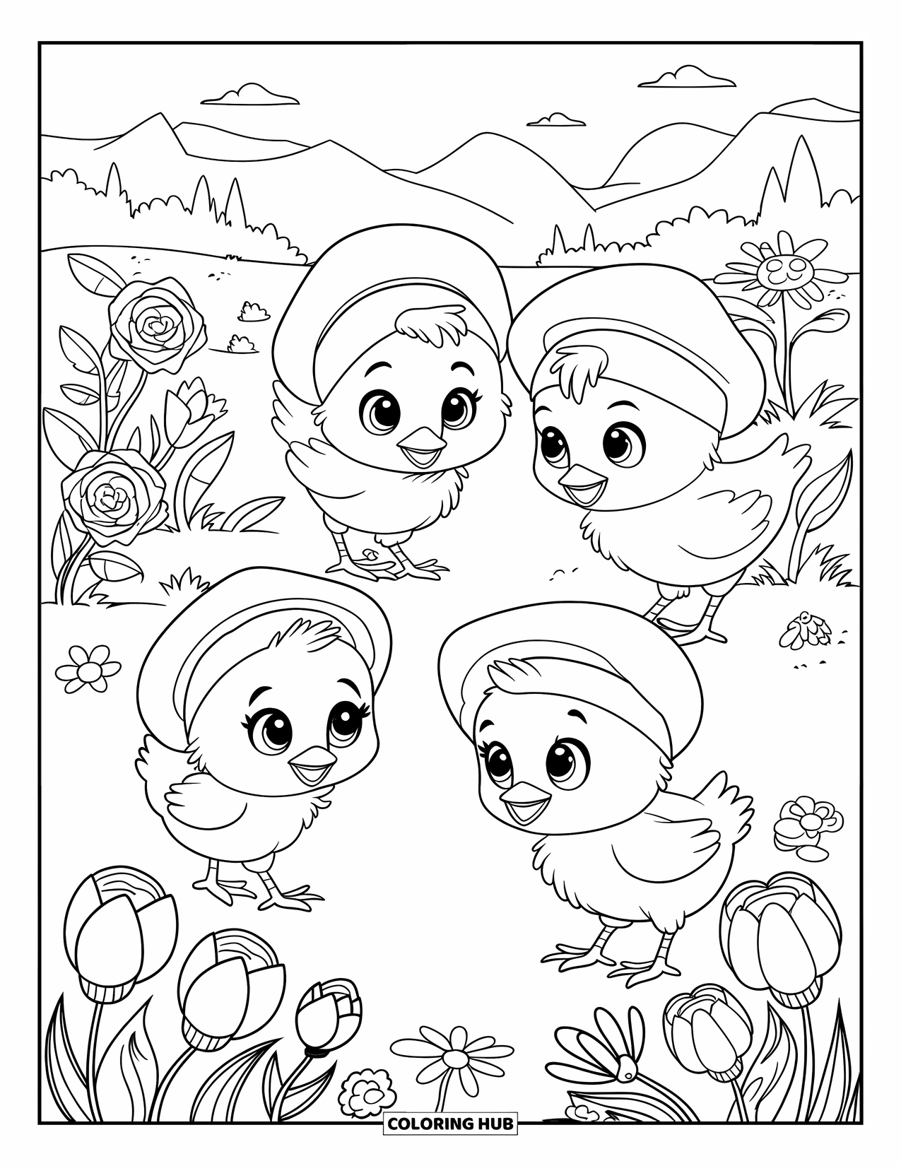 Desenho de Pintinho para Colorir para Crianças: Pintinhos fofos com chapéus exploram um jardim com abelhas, flores e árvores