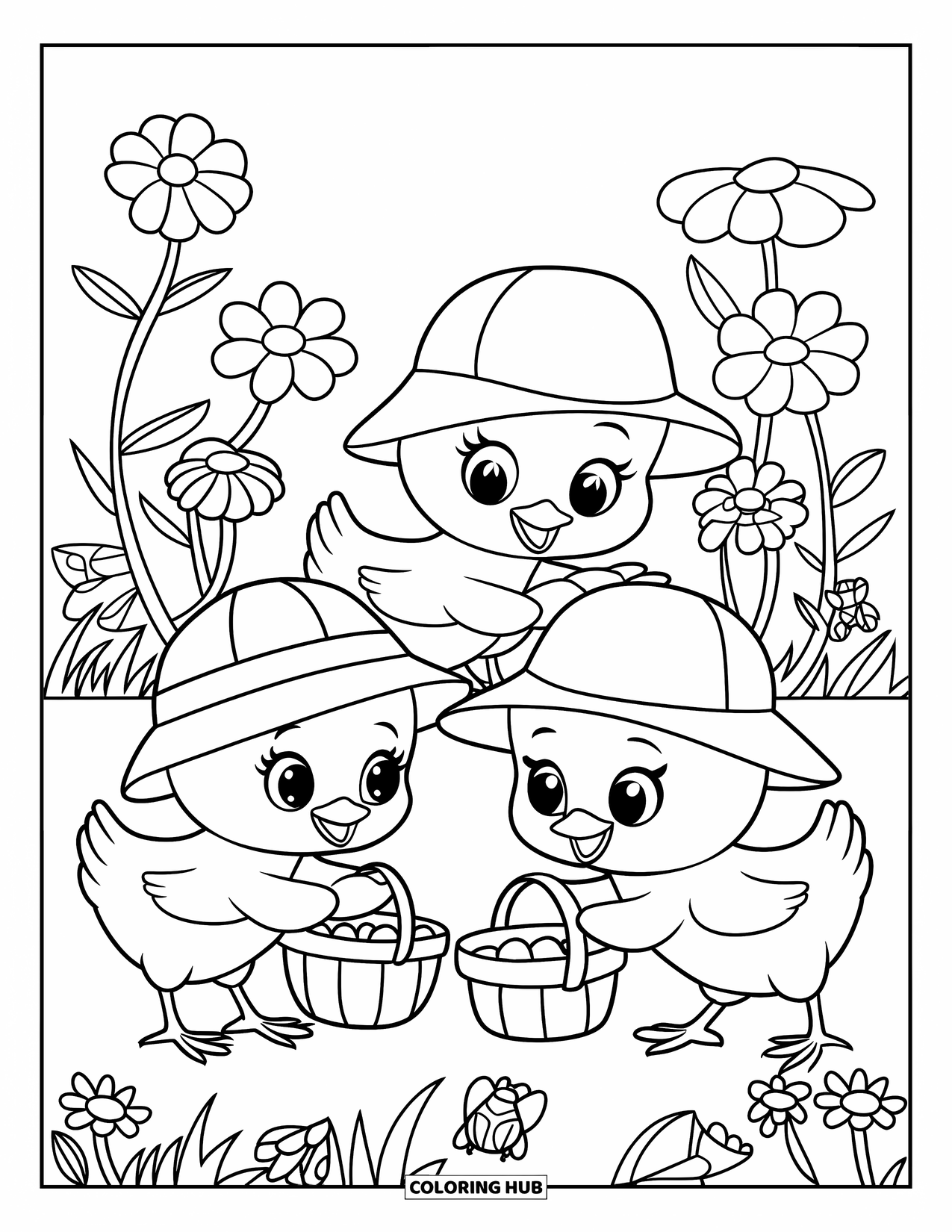 Desenho de Pintinho para Colorir para Crianças: Três pintinhos exploram um jardim cheio de flores e pequenos insetos