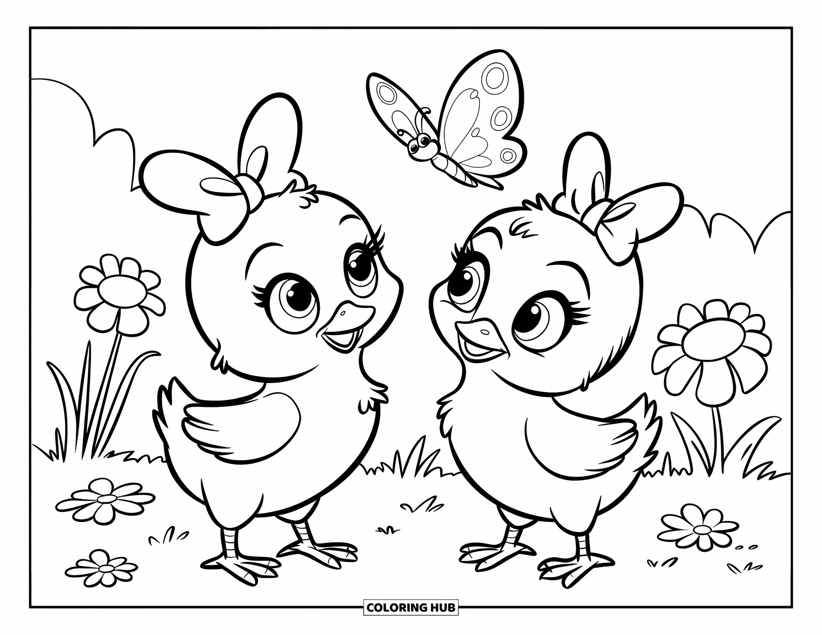 Desenho de Pintinho para Colorir para Crianças: Dois pintinhos de olhos grandes olham um para o outro sob uma borboleta esvoaçante em um campo