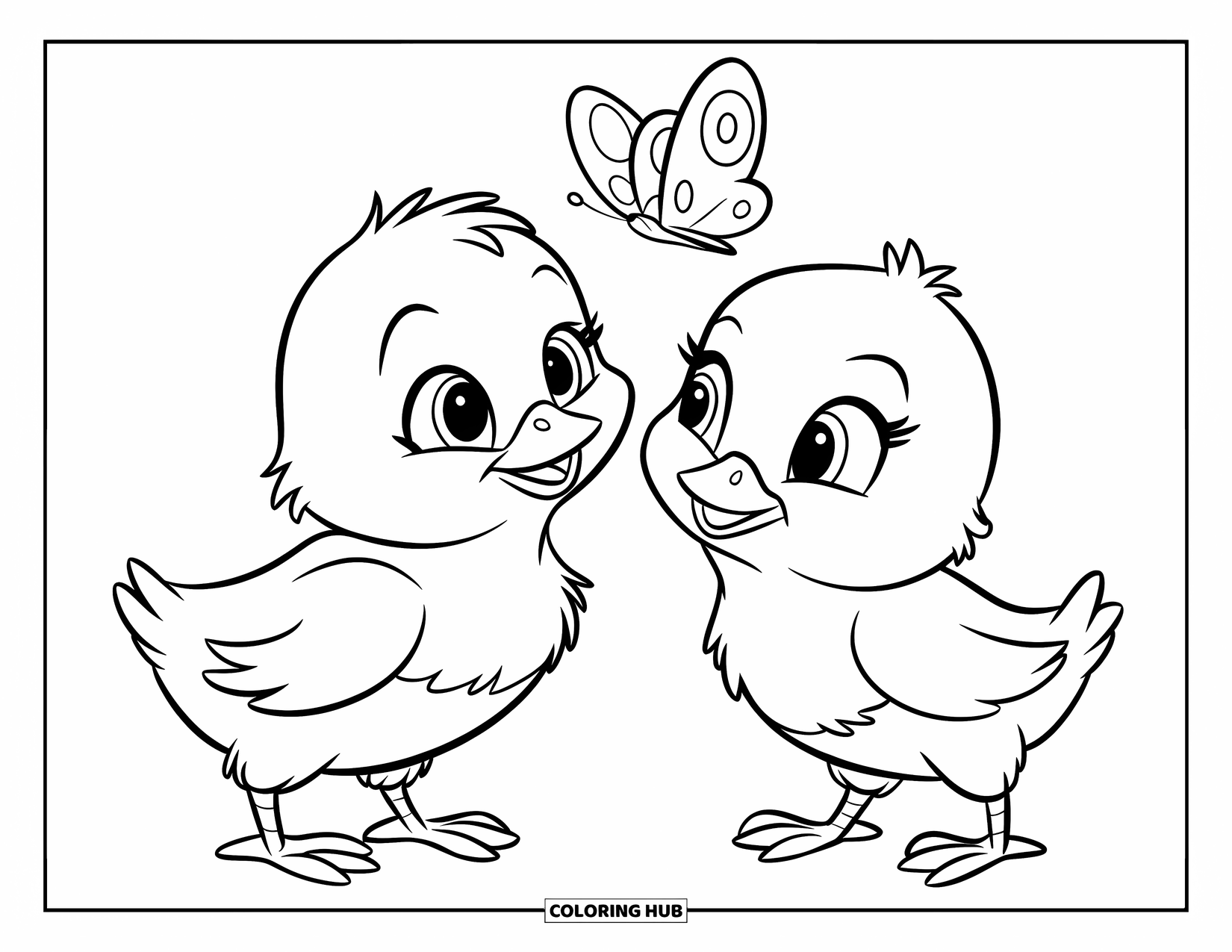 Desenho de Pintinho para Colorir para Crianças: Dois pintinhos se encaram enquanto uma borboleta flutua suavemente acima deles
