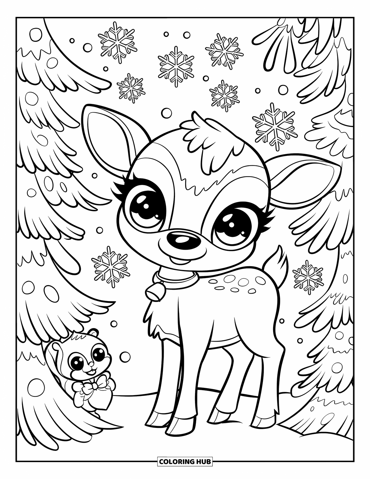 Kerst Kleurplaat voor Volwassenen: Een babyrendier en een eekhoorn genieten van een besneeuwd bos vol twinkelende sneeuwvlokken
