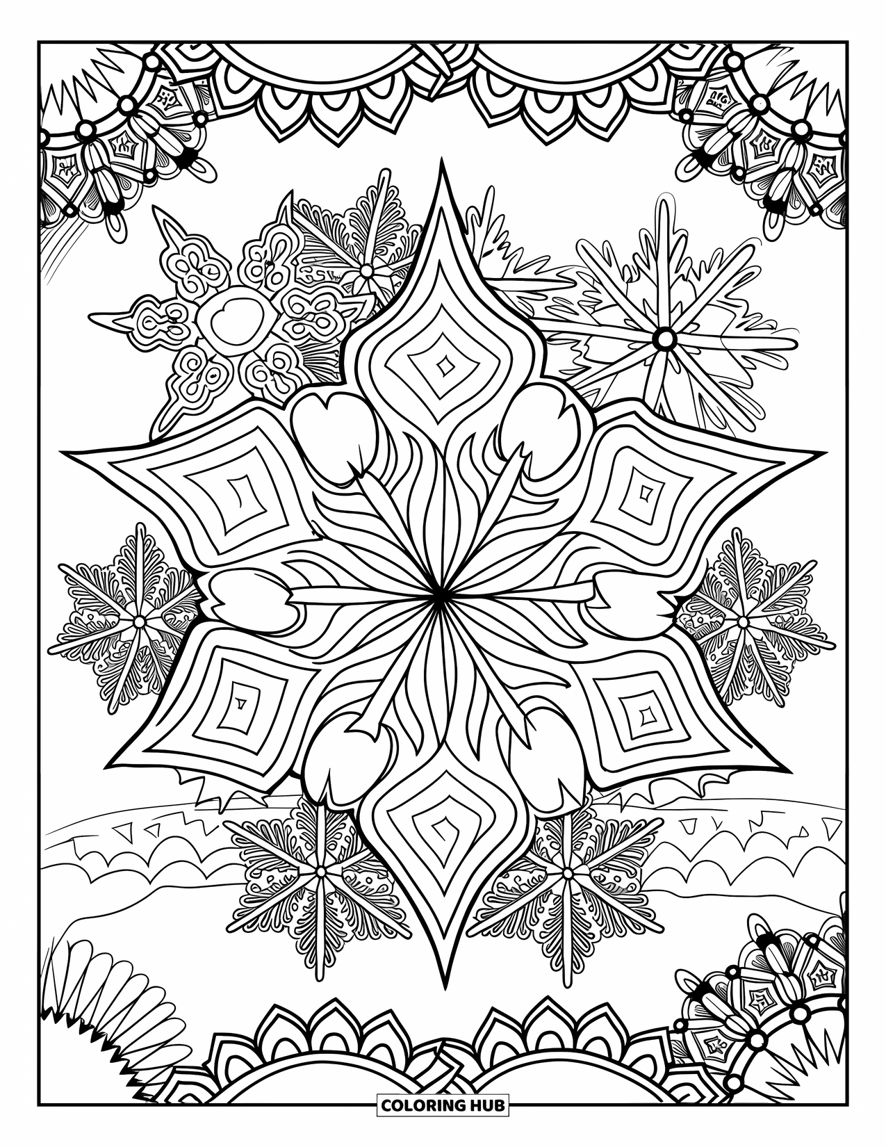 Kerst Kleurplaat voor Volwassenen: Een prachtig gerangschikte sneeuwvlok mandala met delicate, symmetrische winterpatronen